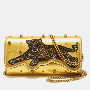 Gold Leather Embroidered Tiger Crystal Studded Chain Clutch