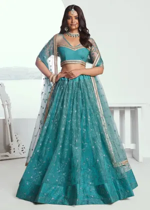 Gorgeous Rama Green Embroidered Net Wedding Lehenga Choli