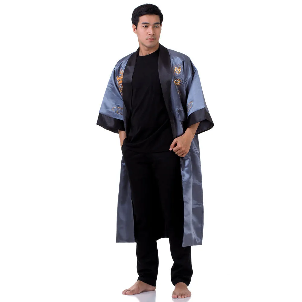 Gray Mizuchi Reversible Dragon Kimono Robe for Men