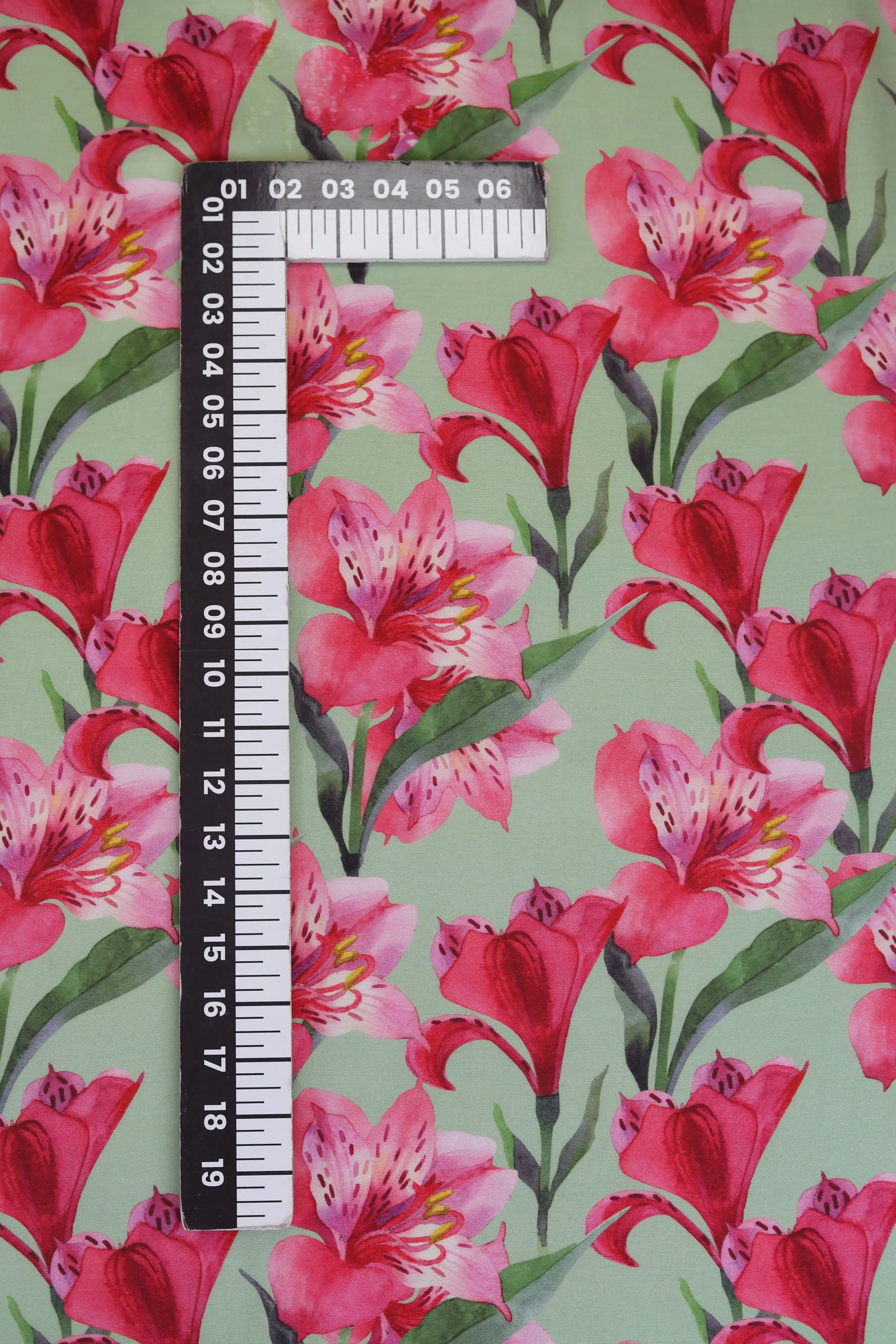 Green and Pink Lilies Pattern Printed Natural Muslin Silk Fabric