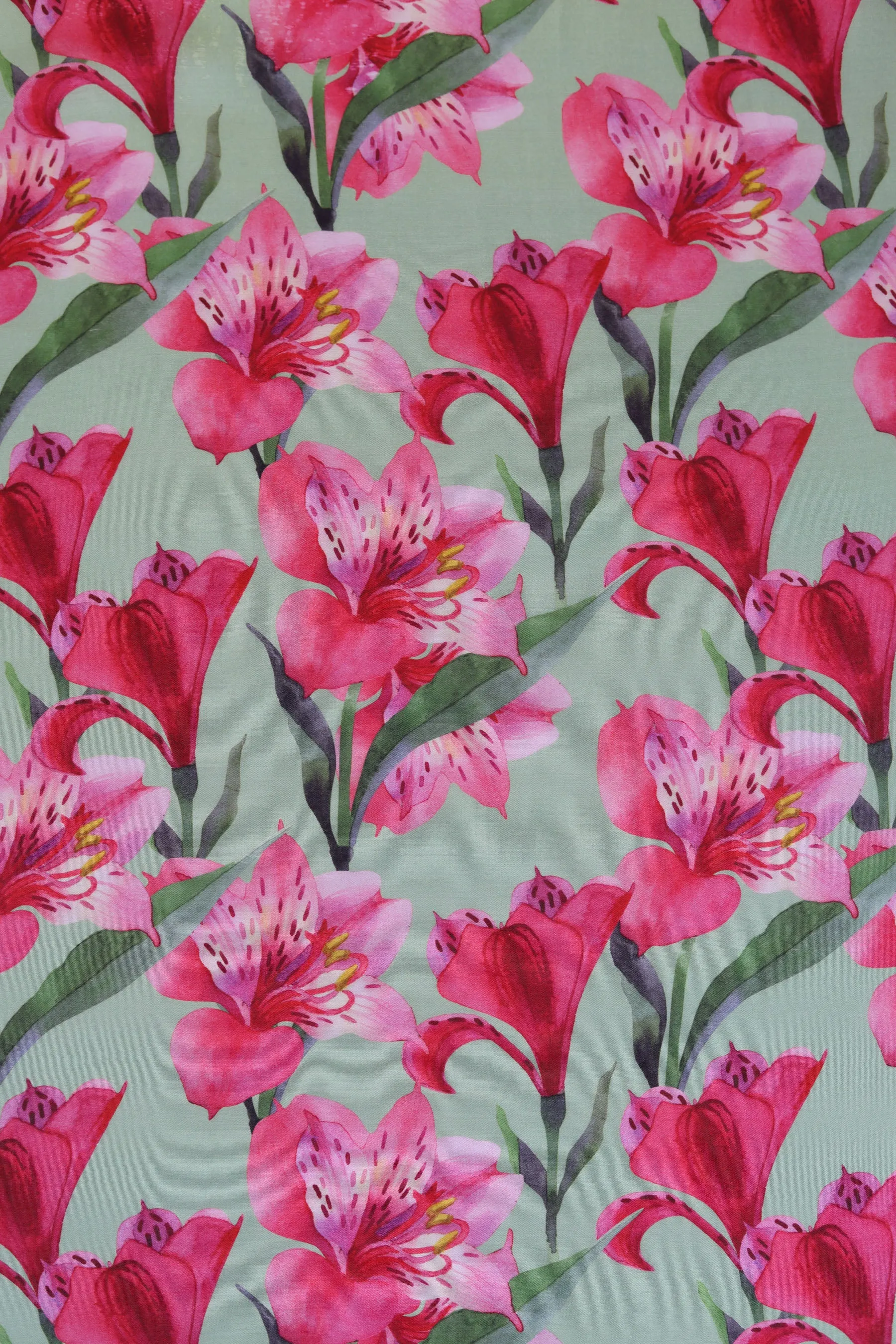 Green and Pink Lilies Pattern Printed Natural Muslin Silk Fabric