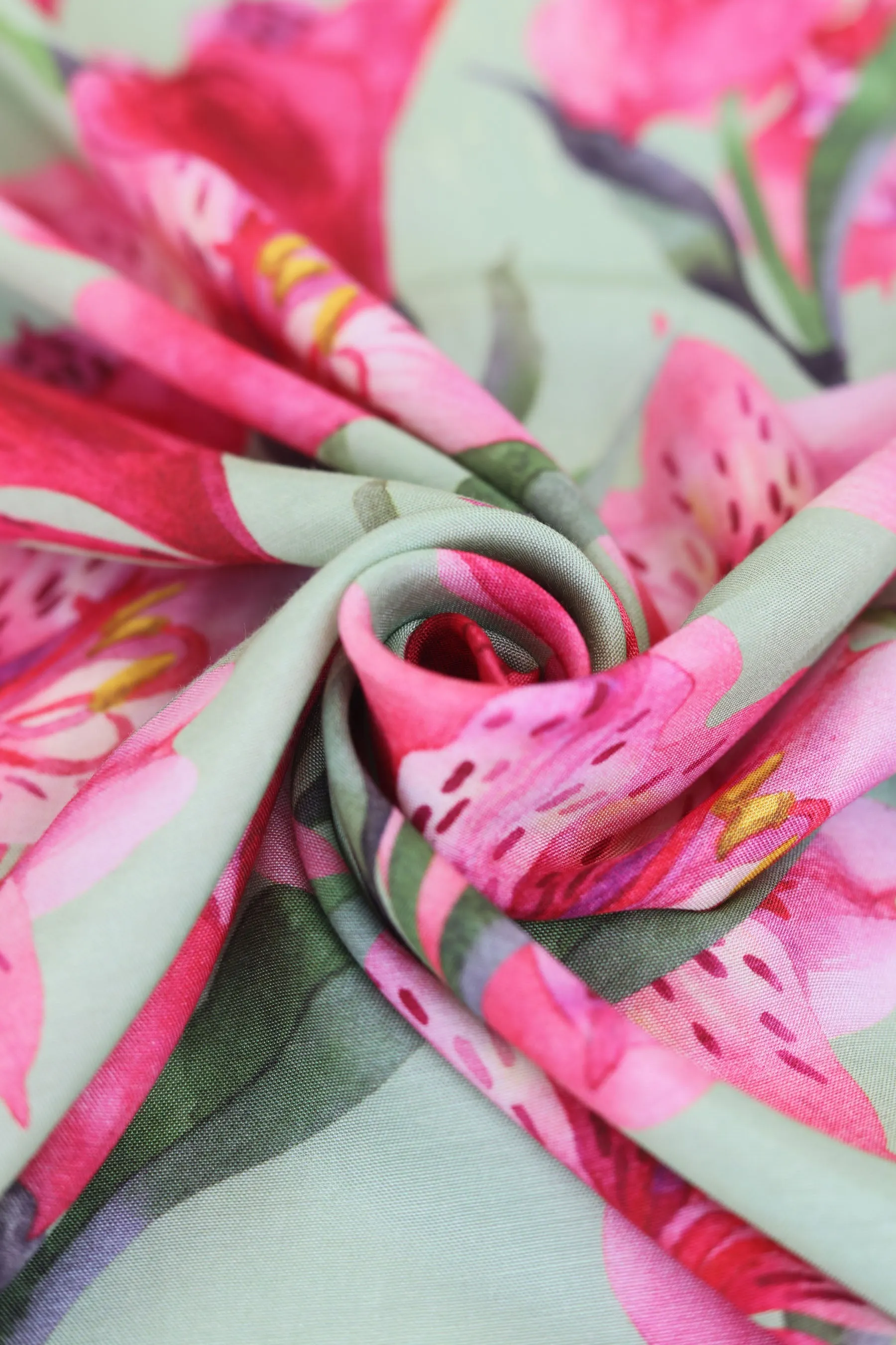 Green and Pink Lilies Pattern Printed Natural Muslin Silk Fabric