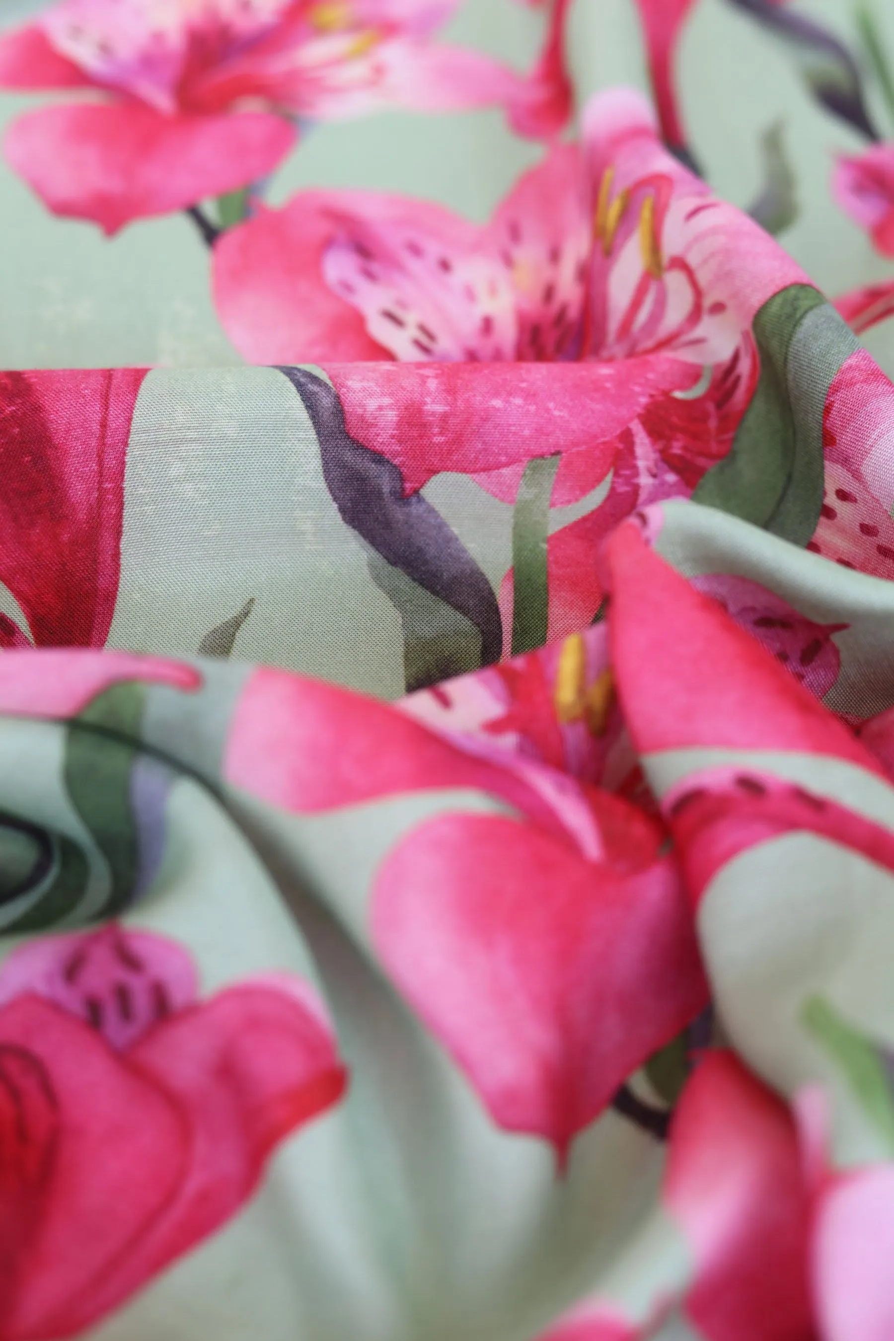 Green and Pink Lilies Pattern Printed Natural Muslin Silk Fabric