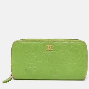 Green Leather Camellia Zip Around Wallet