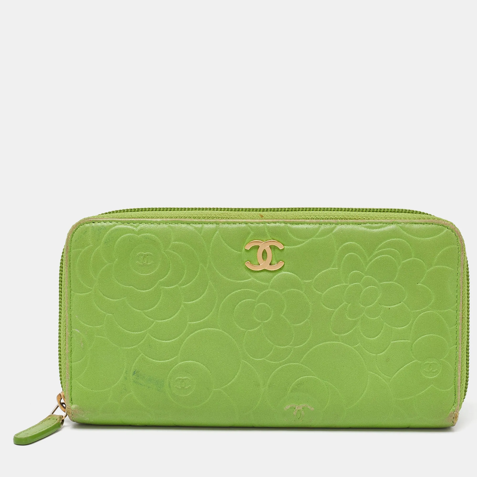 Green Leather Camellia Zip Around Wallet