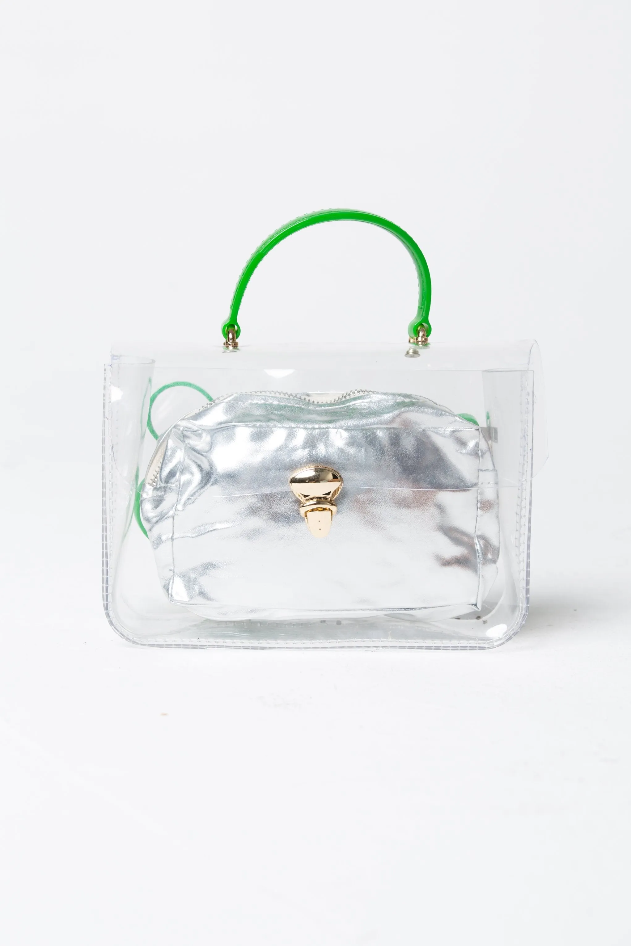 Green Transparent Slide Lock Closure Cross Body Shoulder Satchel Handbag