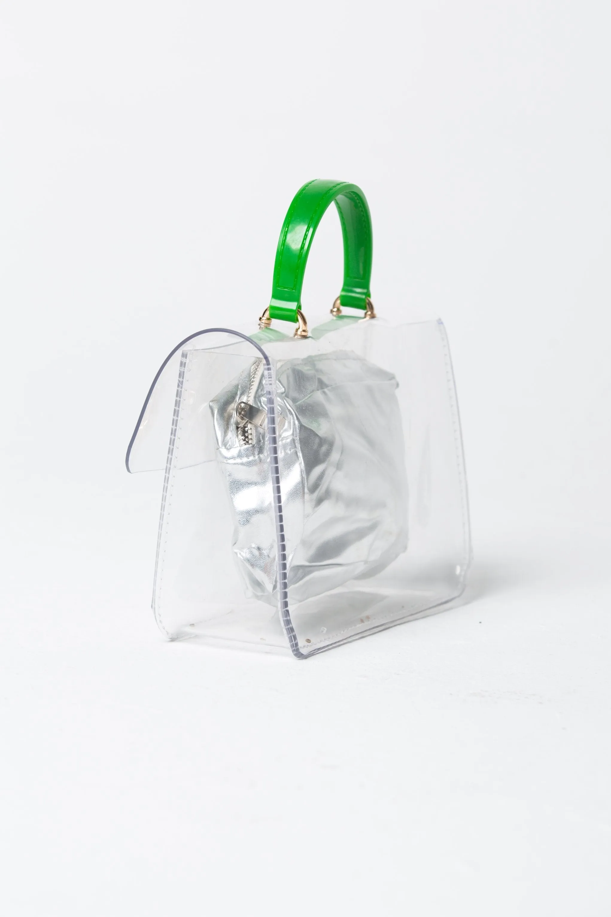 Green Transparent Slide Lock Closure Cross Body Shoulder Satchel Handbag