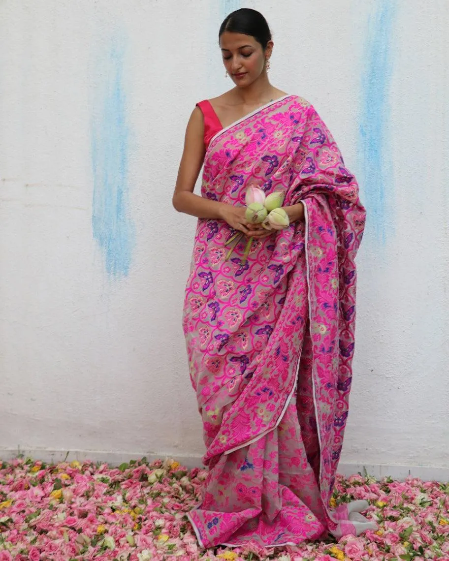 Gul-E-Farang Handwoven Jamdani Pure Linen Saree