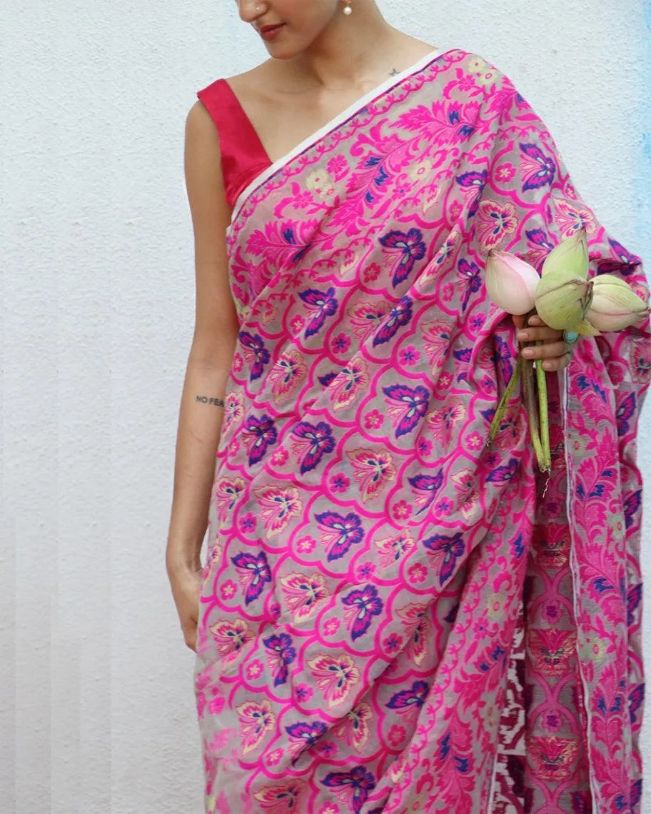 Gul-E-Farang Handwoven Jamdani Pure Linen Saree