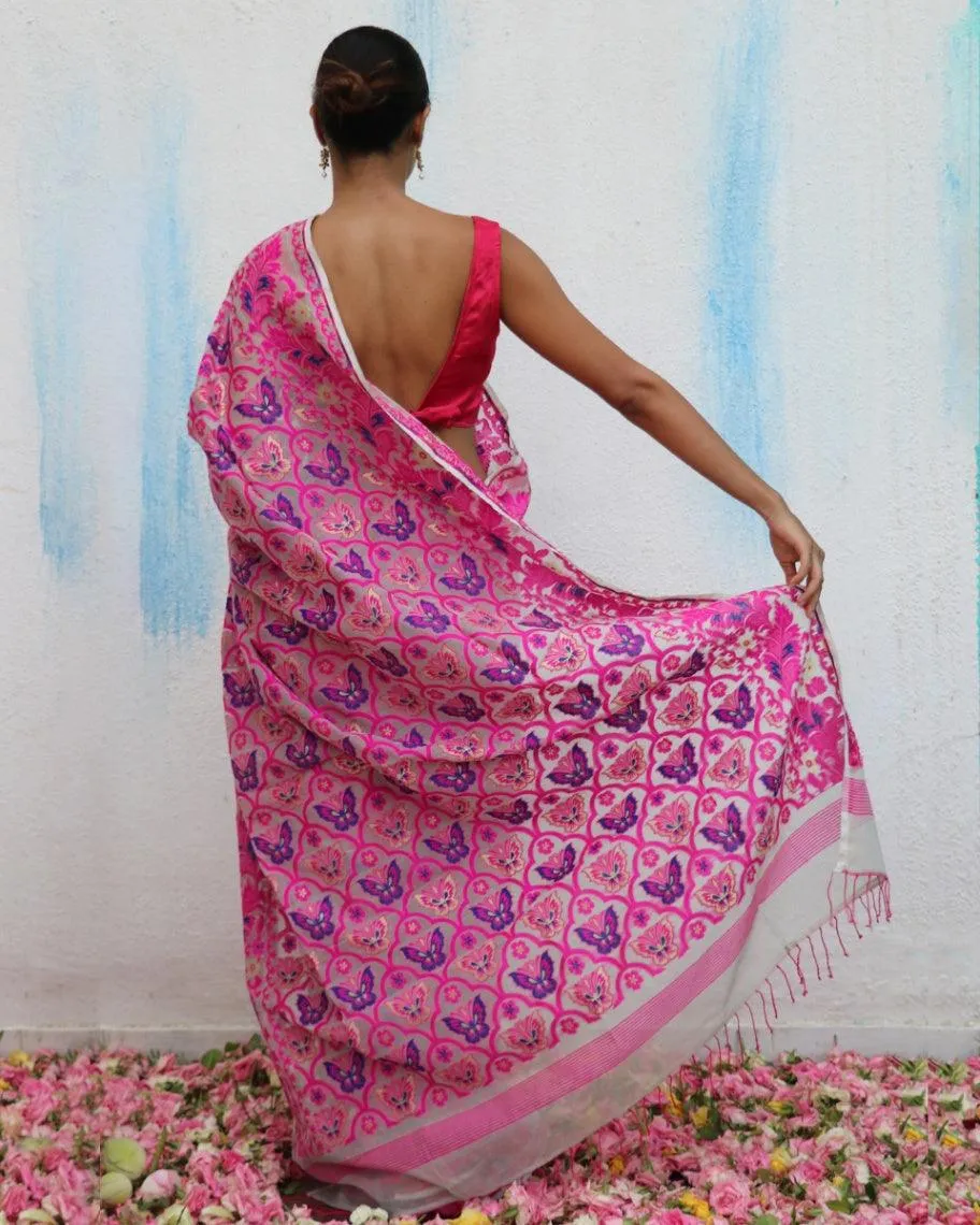 Gul-E-Farang Handwoven Jamdani Pure Linen Saree