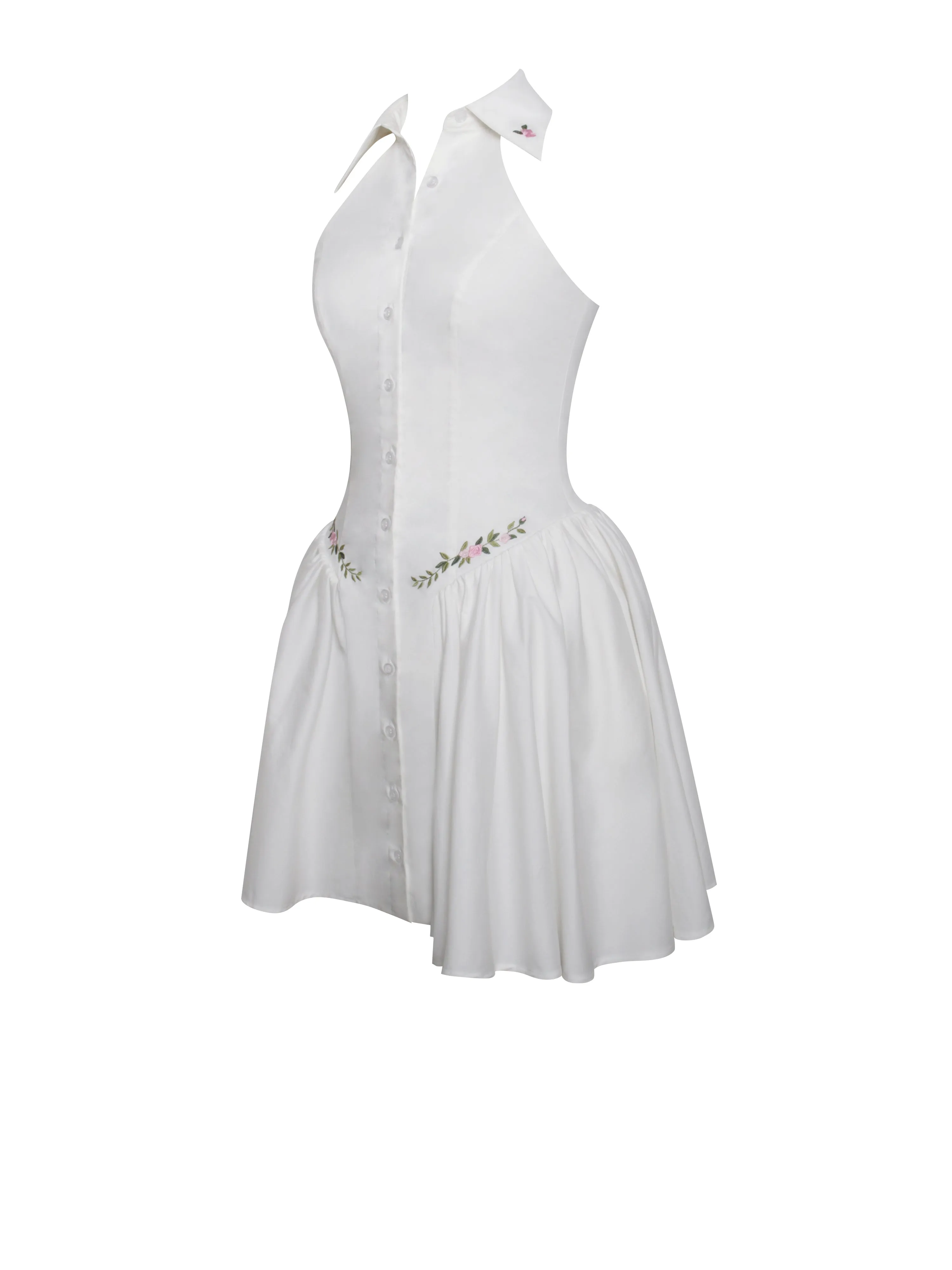 Hailey White Embroidered Collared Graceful Halter Drop Waist Mini Dress