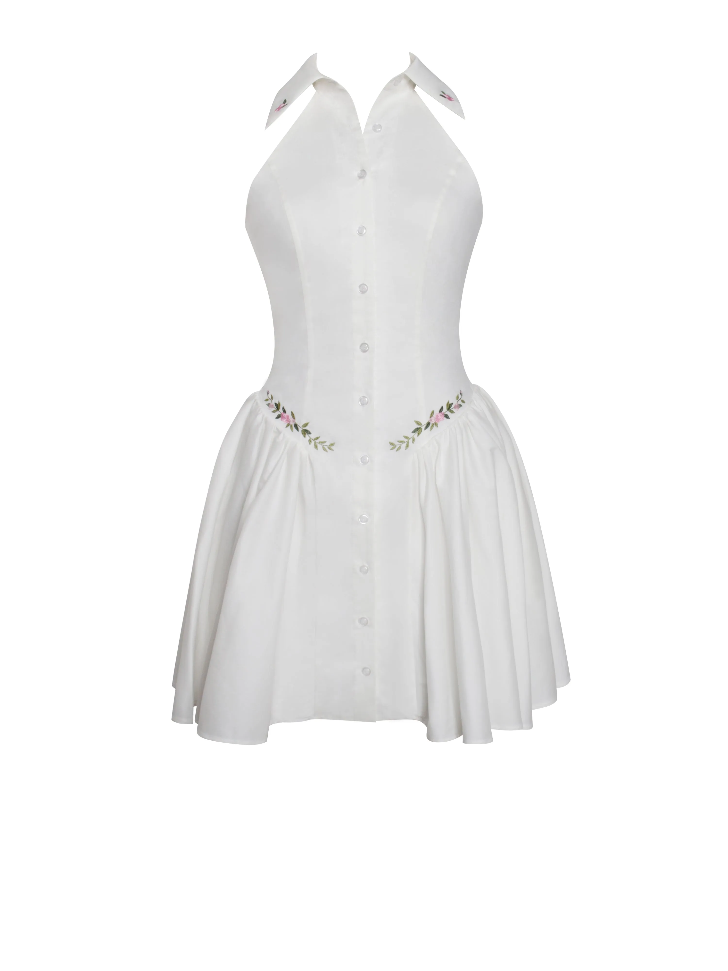 Hailey White Embroidered Collared Graceful Halter Drop Waist Mini Dress