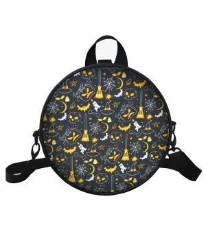 Halloween inspired Broom Hat Witch Printed Fabric Faux Leather Round Purse