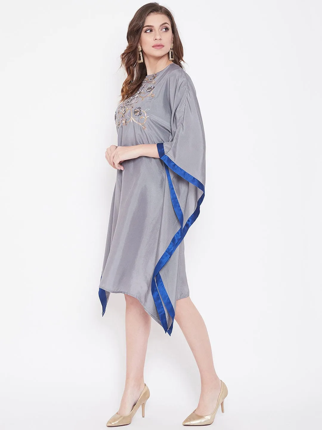 Hand Embroidered Grey Silk Kaftan Dress