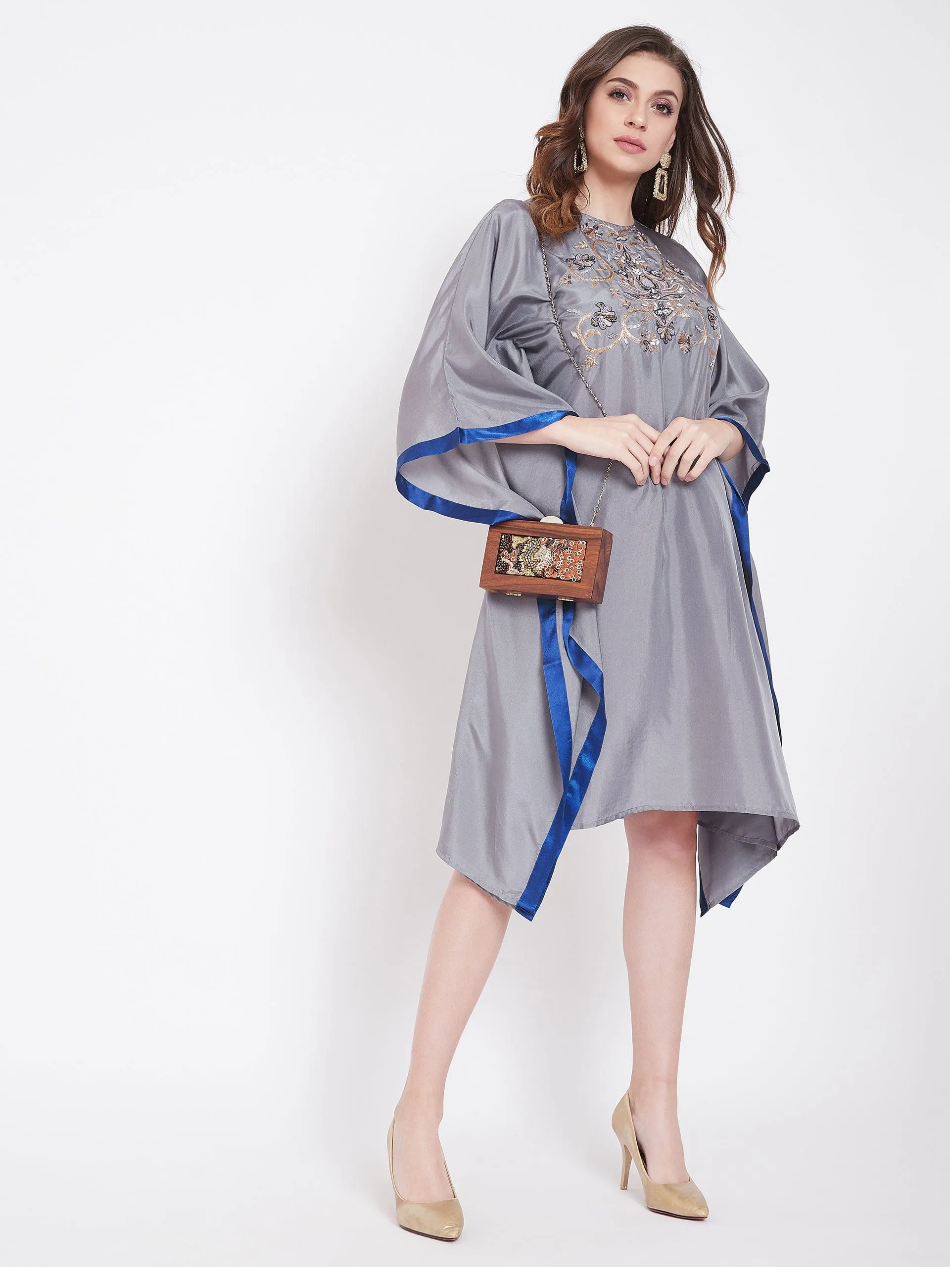 Hand Embroidered Grey Silk Kaftan Dress