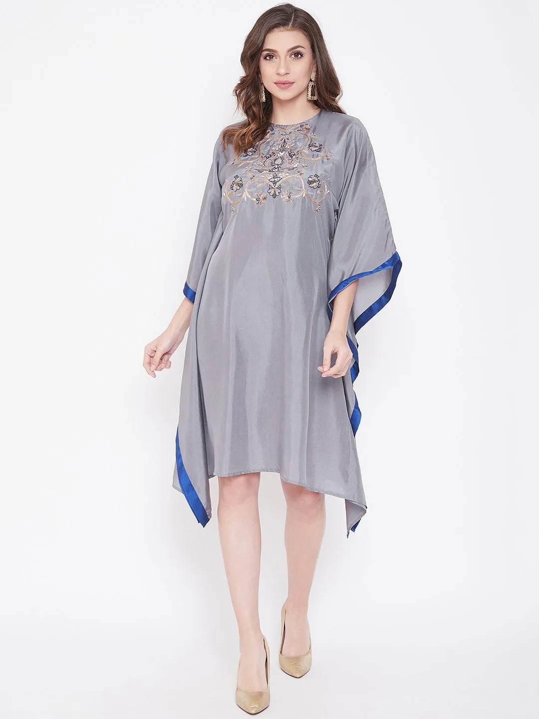 Hand Embroidered Grey Silk Kaftan Dress