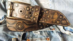 Handmade Leather Belt - Steampunk Style with Gears - 4.2 cm Wide - Brown with Silver & Brass Accents - Perfect for Bikers