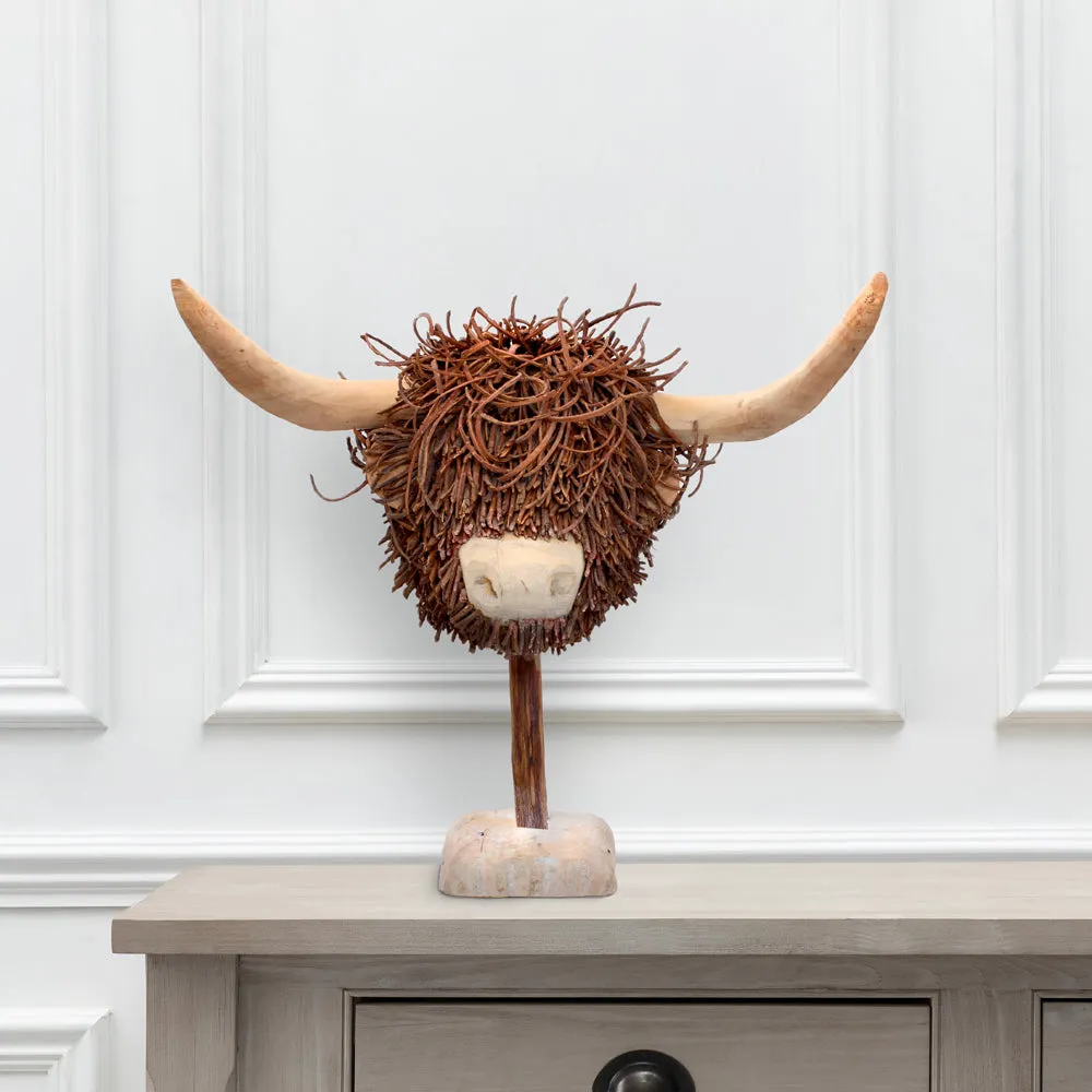 Hewie Highland Cow Hand Crafted Wooden Sculpture Brown