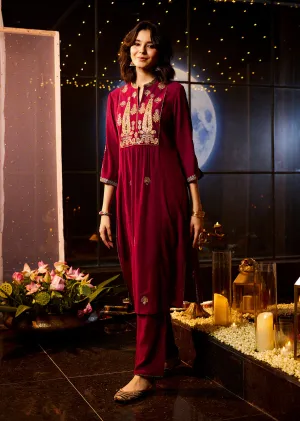 Ifrah Plum Embroidered Cotton Kurta Set for Women