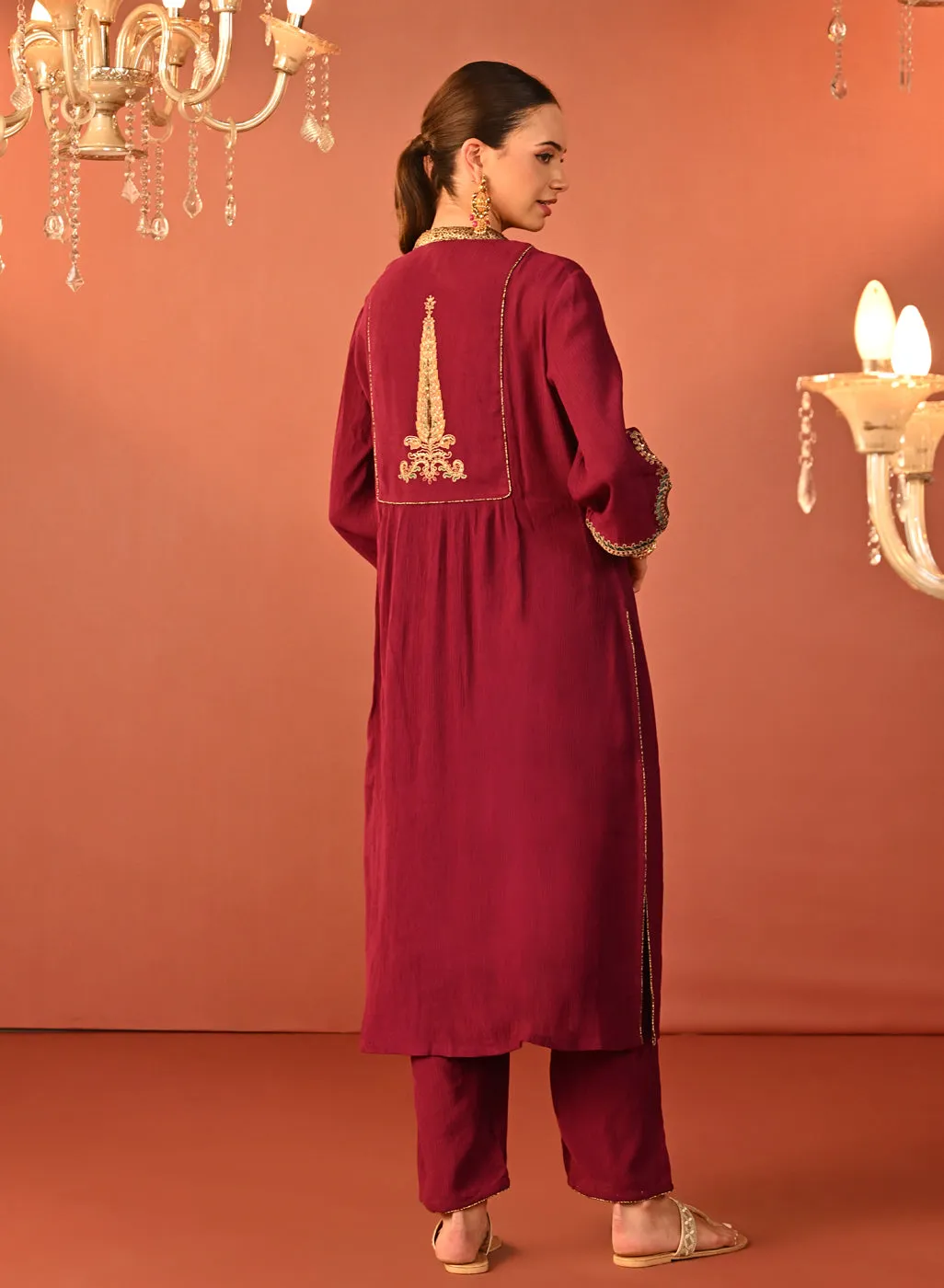 Ifrah Plum Embroidered Cotton Kurta Set for Women