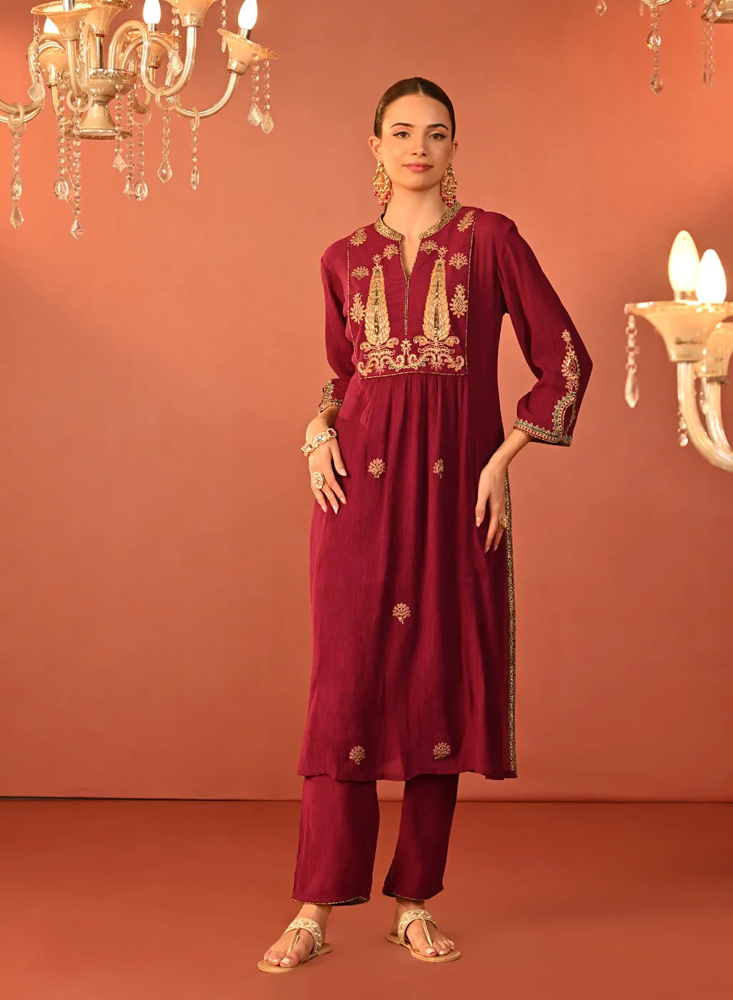 Ifrah Plum Embroidered Cotton Kurta Set for Women