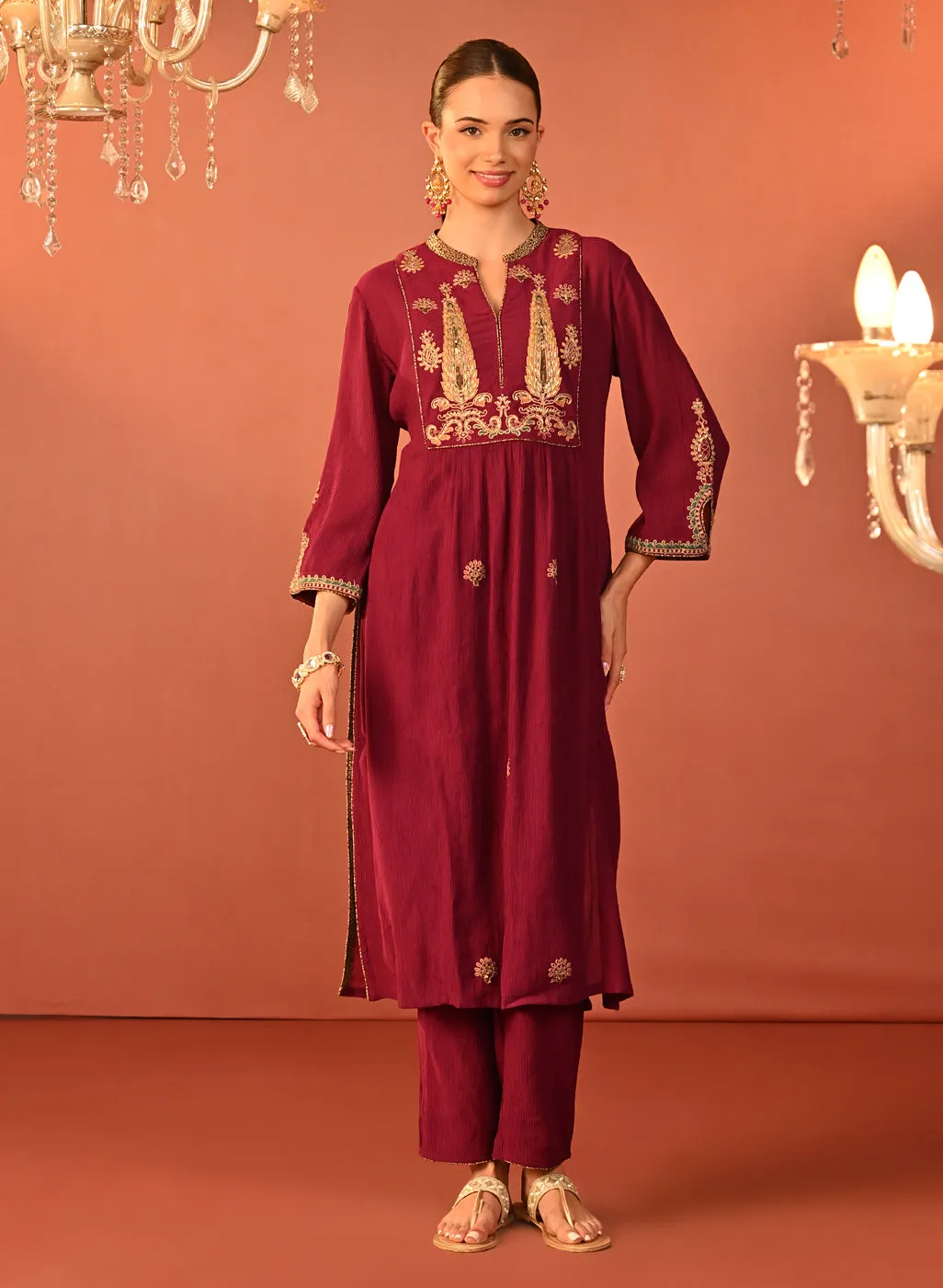 Ifrah Plum Embroidered Cotton Kurta Set for Women