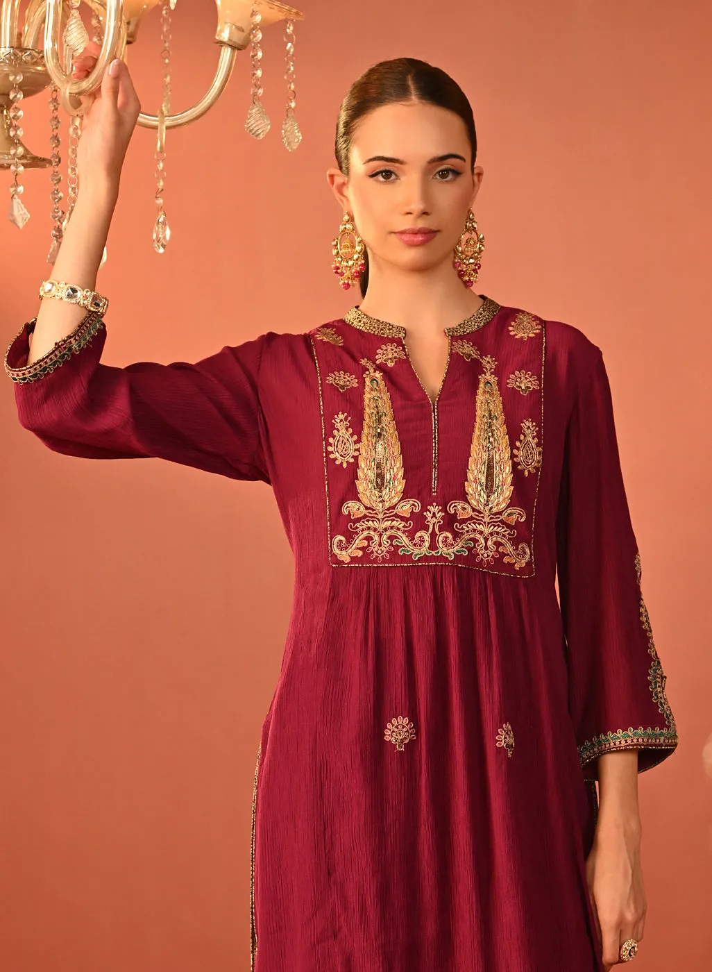 Ifrah Plum Embroidered Cotton Kurta Set for Women