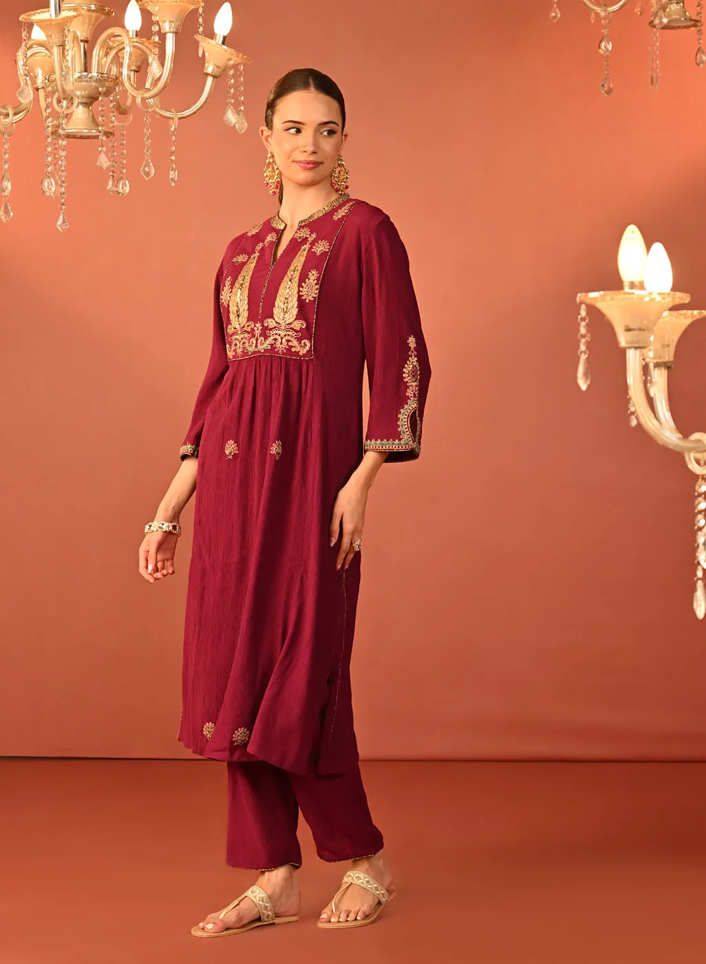 Ifrah Plum Embroidered Cotton Kurta Set for Women