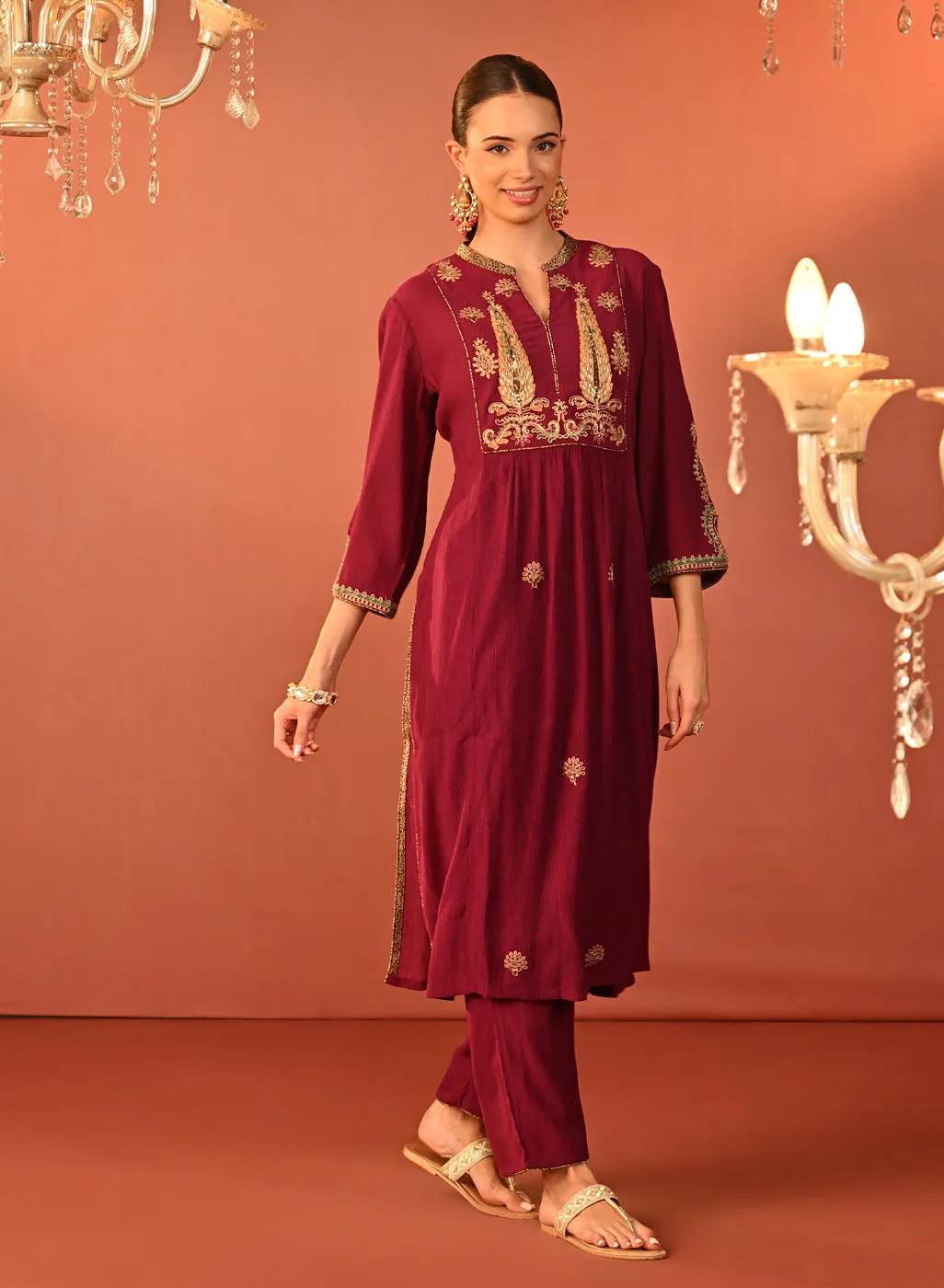 Ifrah Plum Embroidered Cotton Kurta Set for Women