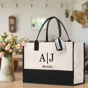 Initials and Date Customized Embroidered Tote Bag 100% Cotton Canvas and Chic Personalized Tote Bag for Bridesmaid Anniversary Wedding Day