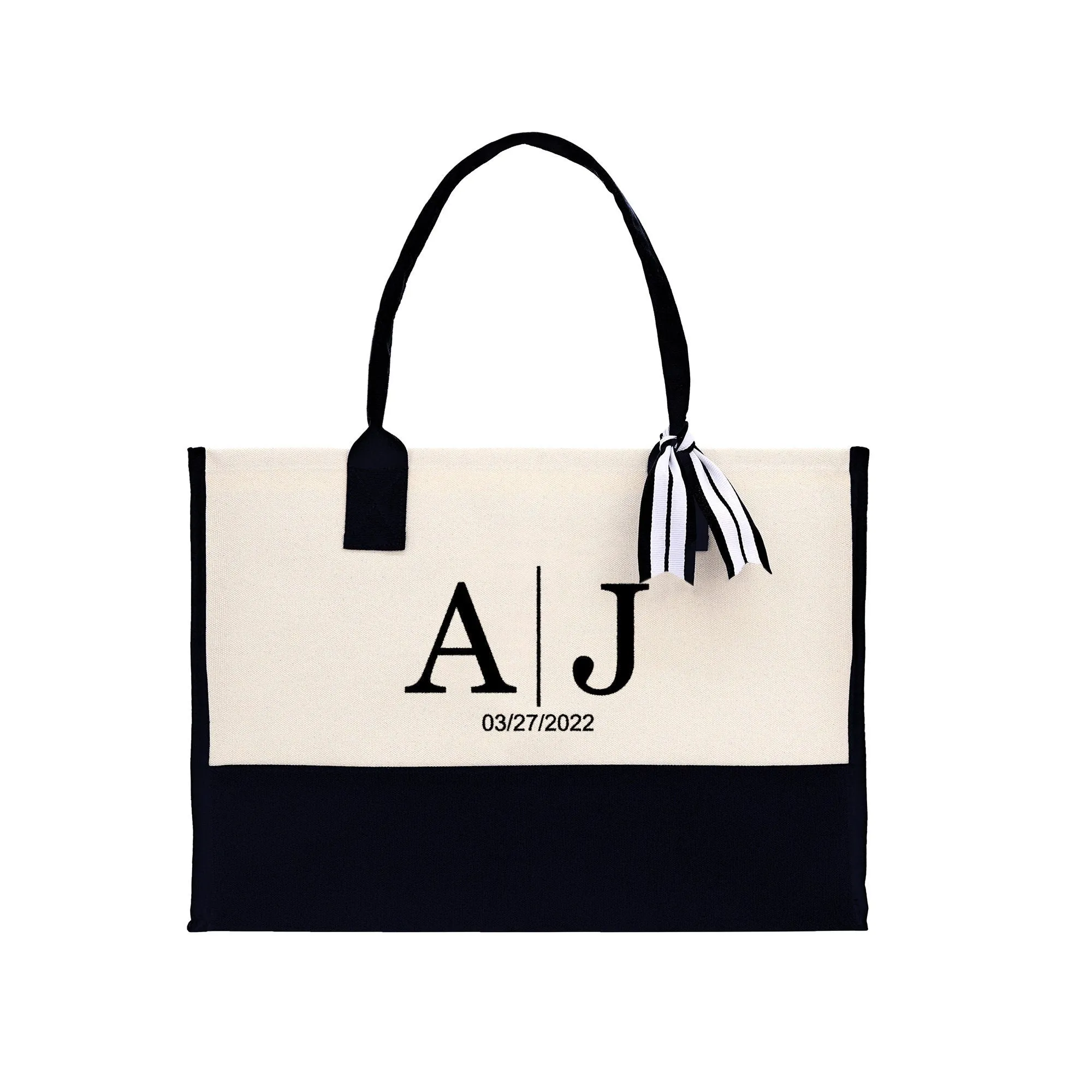 Initials and Date Customized Embroidered Tote Bag 100% Cotton Canvas and Chic Personalized Tote Bag for Bridesmaid Anniversary Wedding Day