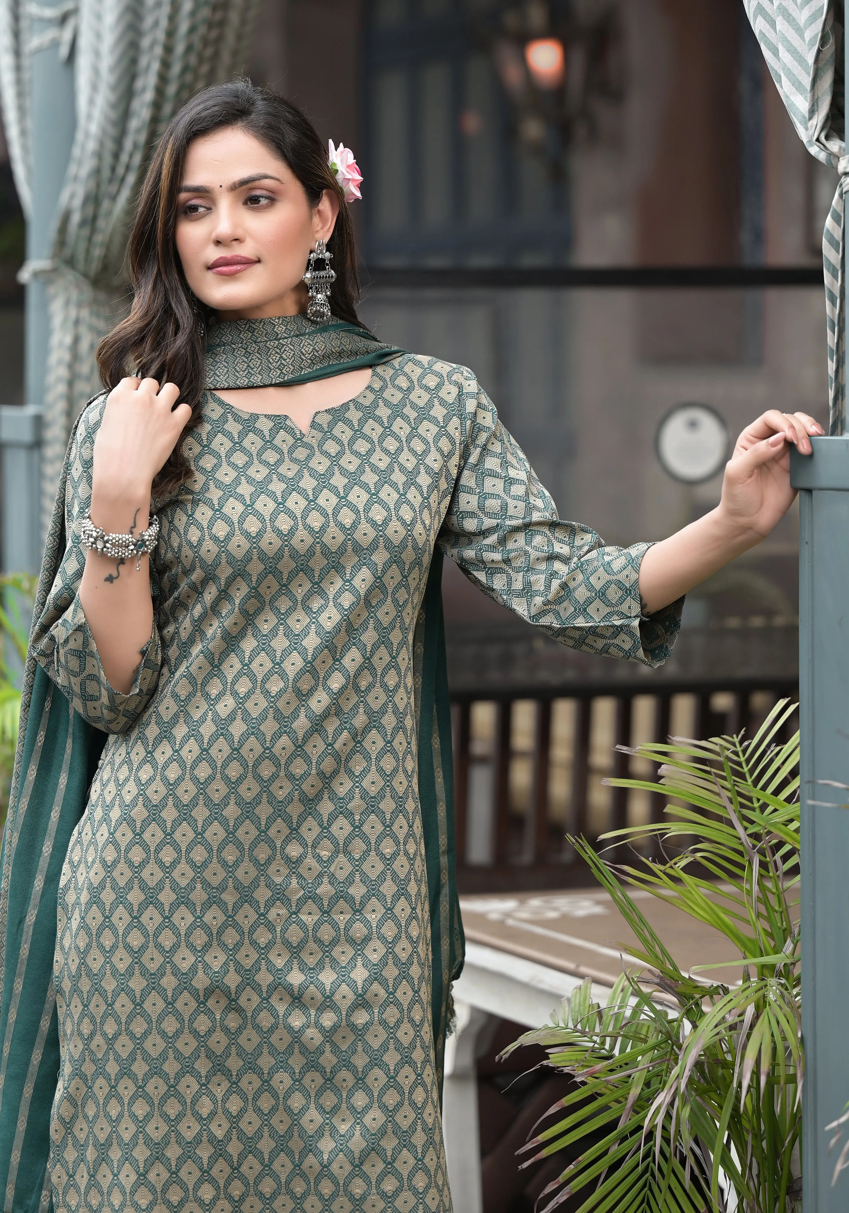 Juniper Green Geometric Printed Cotton Kurta Pant Set With Tassels On Dupatta