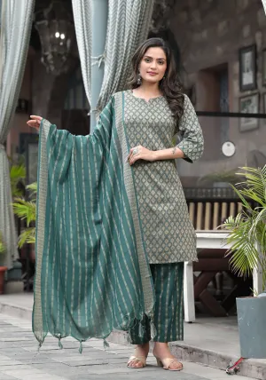 Juniper Green Geometric Printed Cotton Kurta Pant Set With Tassels On Dupatta