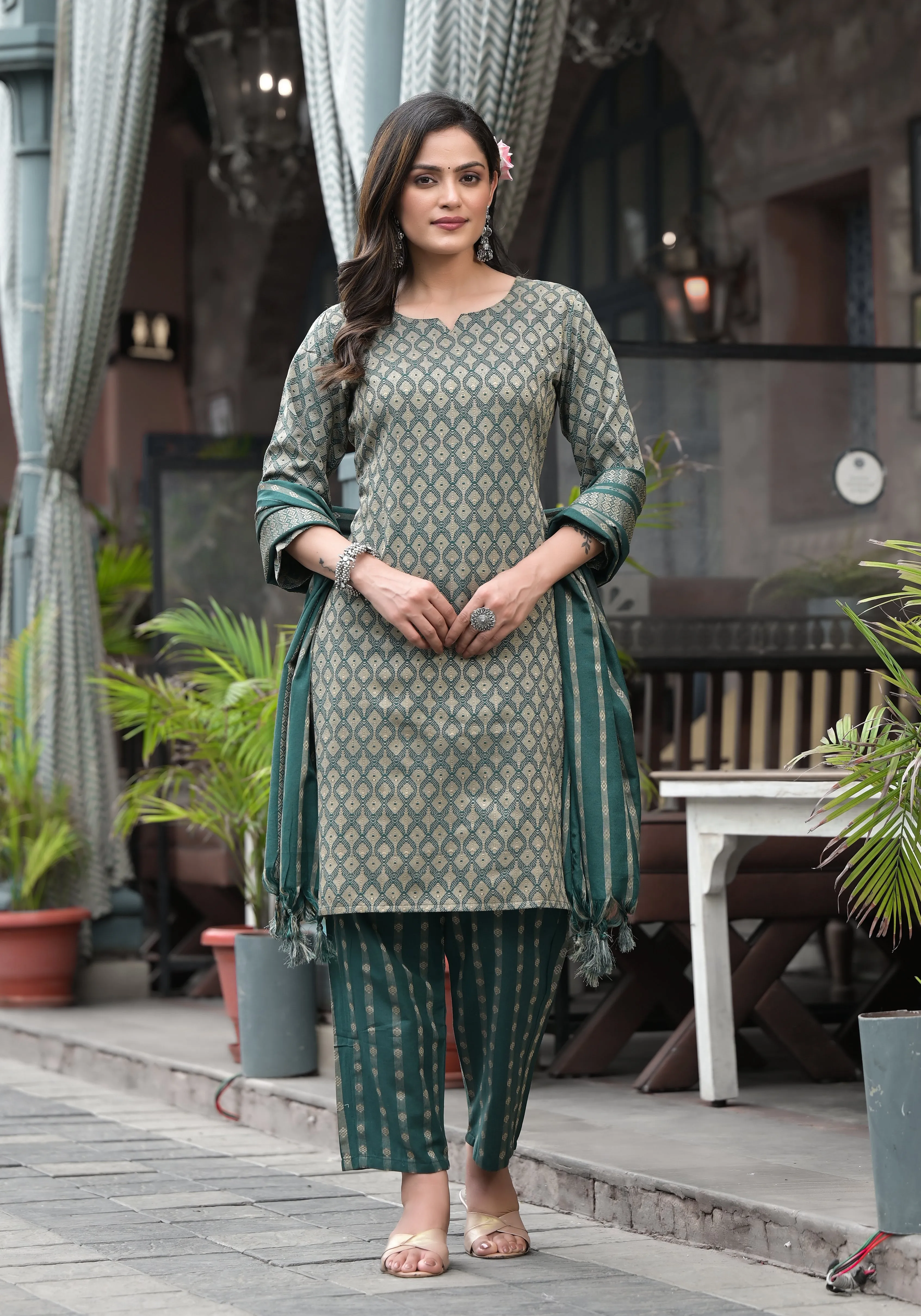 Juniper Green Geometric Printed Cotton Kurta Pant Set With Tassels On Dupatta