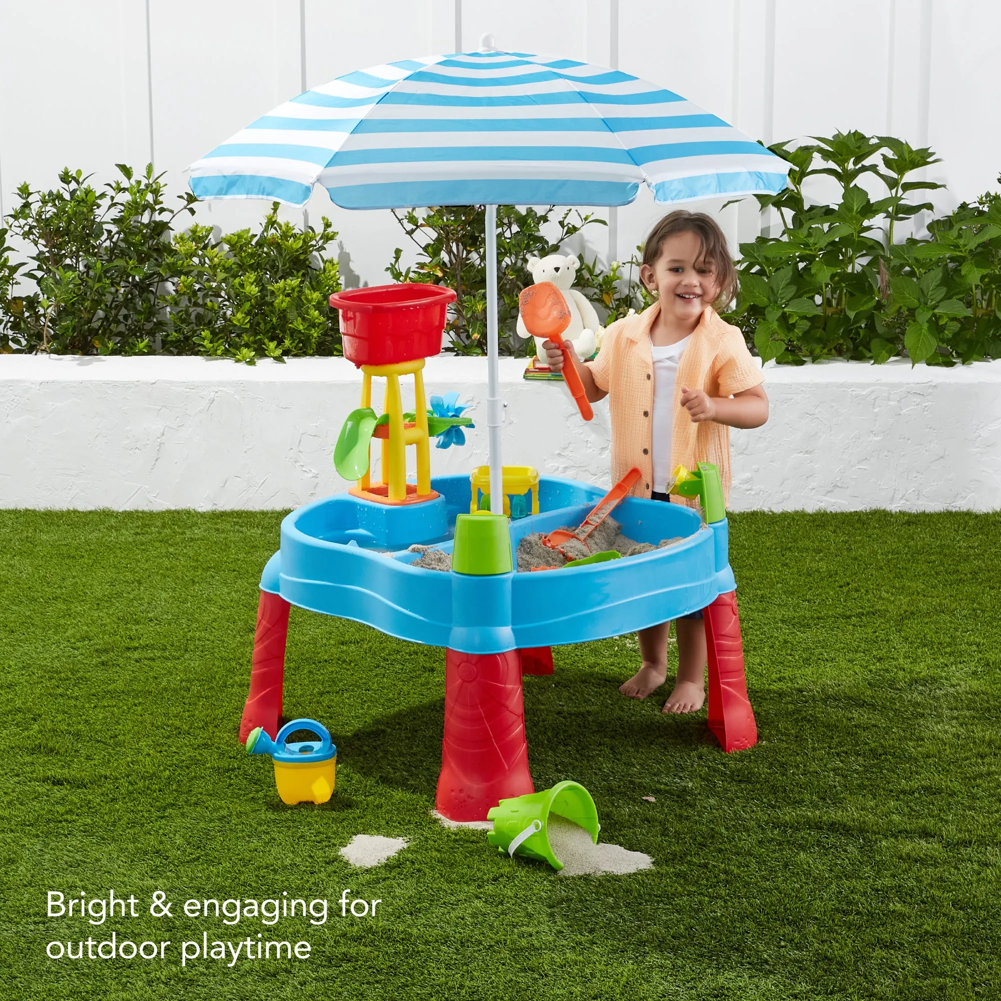 Kids Outdoor Sand & Water Table w/ 18 Accessories, Adjustable Umbrella