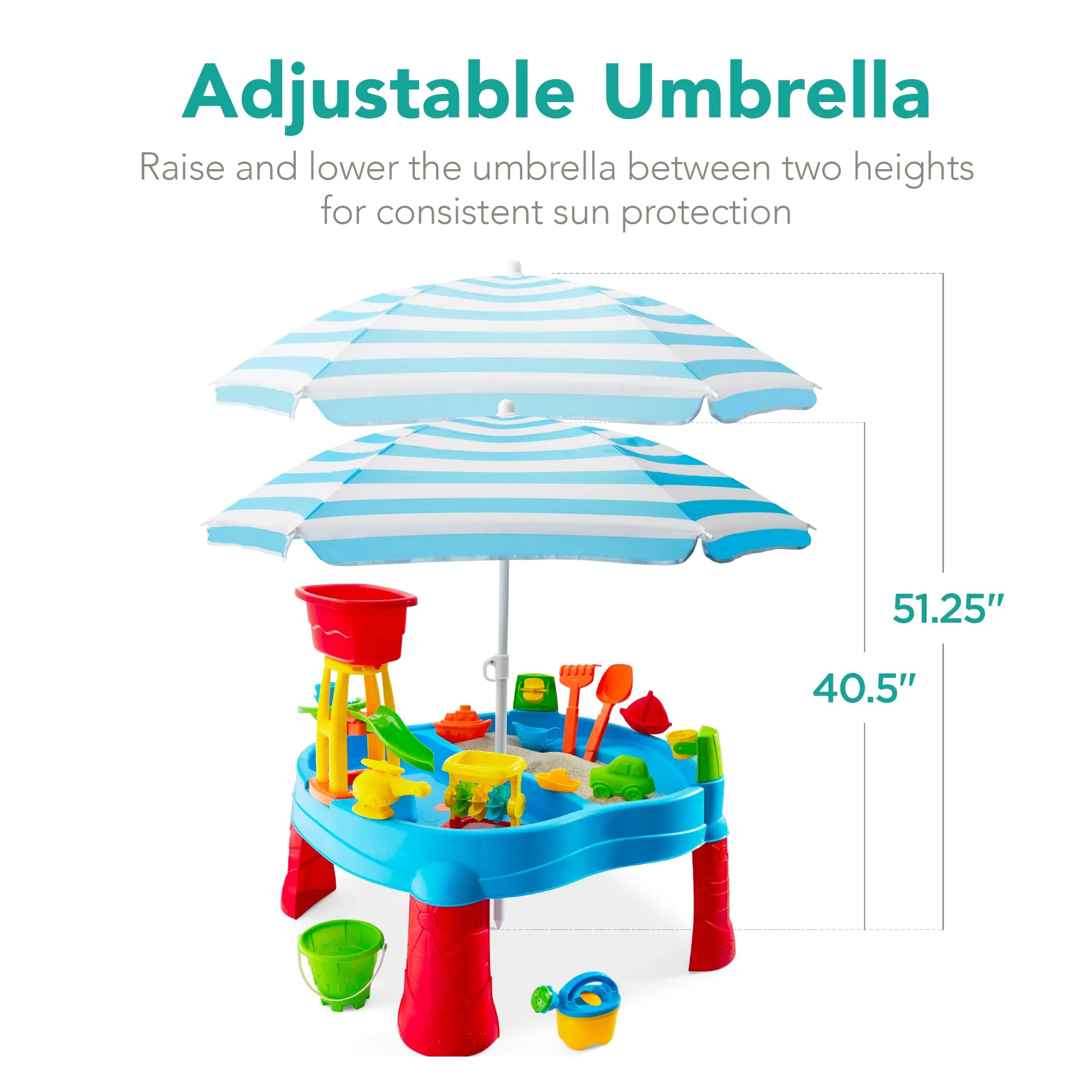 Kids Outdoor Sand & Water Table w/ 18 Accessories, Adjustable Umbrella