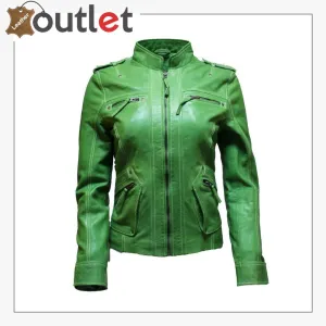 Ladies Classic Apple Green Nappa Leather Multi Pocket Fitted Rock Biker Jacket