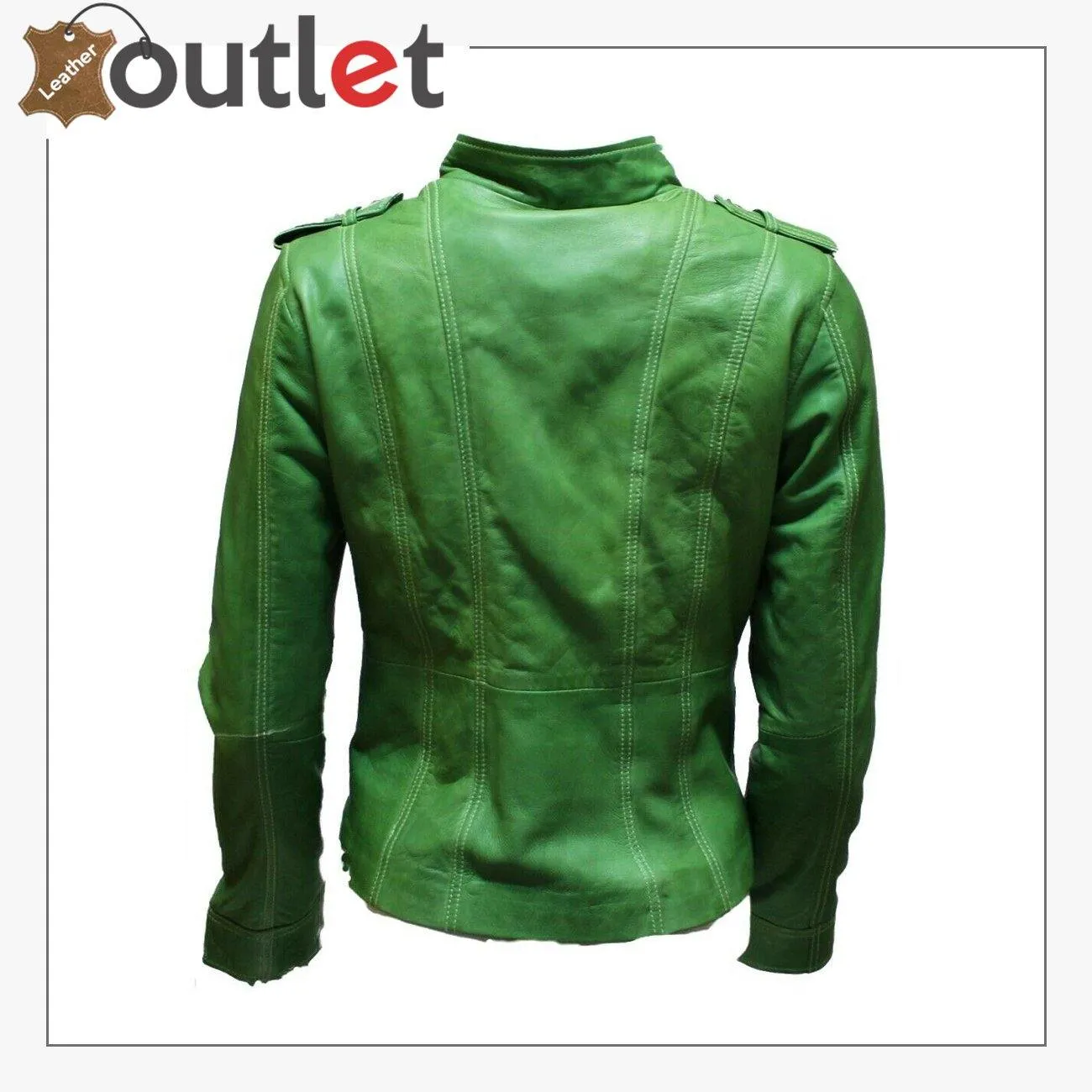 Ladies Classic Apple Green Nappa Leather Multi Pocket Fitted Rock Biker Jacket