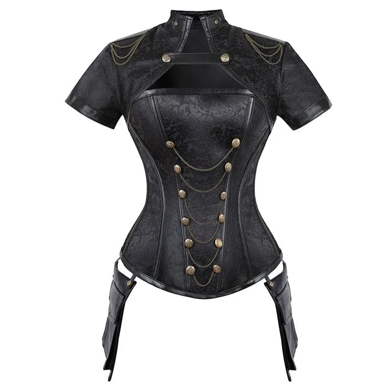 Ladies Steampunk Button Corset with Chain and Leather Piping