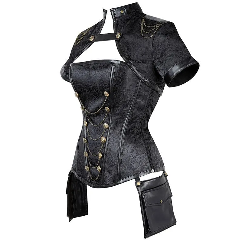 Ladies Steampunk Button Corset with Chain and Leather Piping