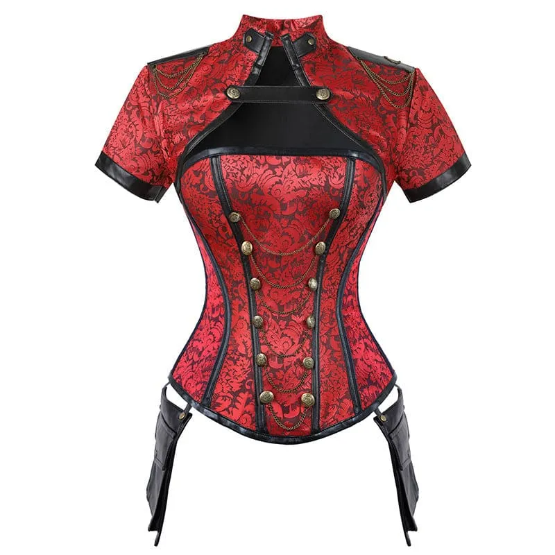 Ladies Steampunk Button Corset with Chain and Leather Piping