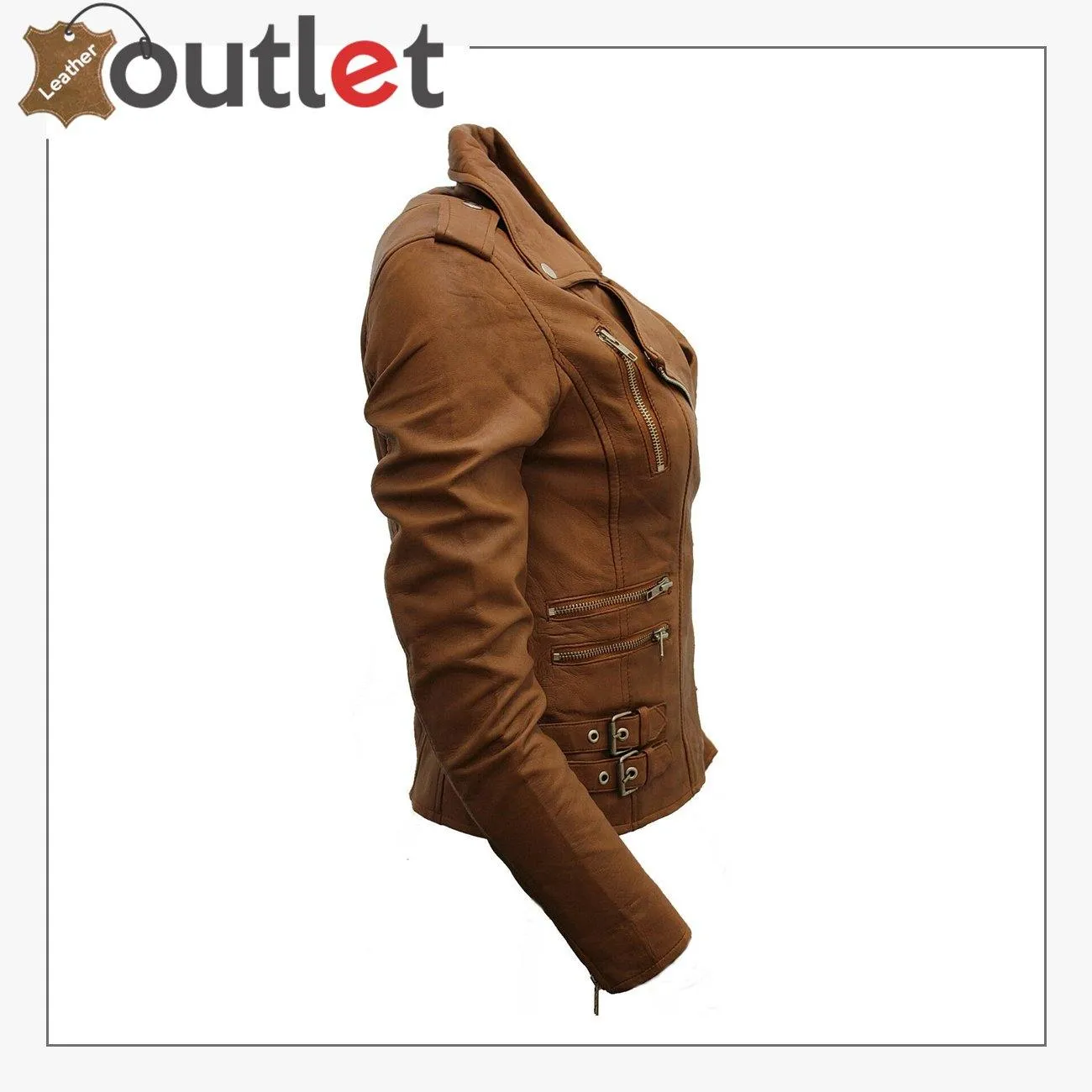 Ladies Tan Real 100% Lamb Nappa Leather Biker Jacket