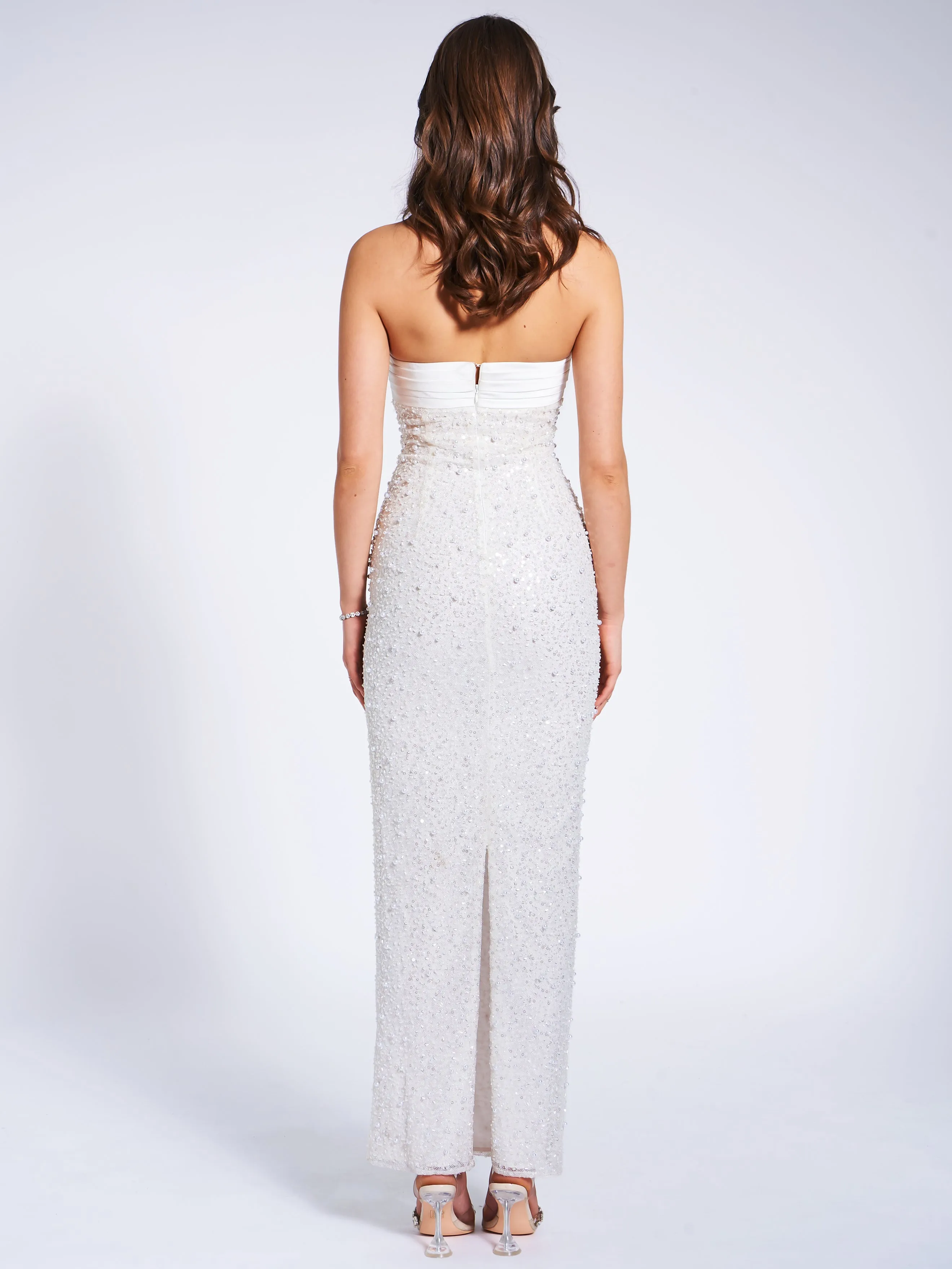 Lainey White Satin Sequin Graceful Pearls Beaded Maxi Dress