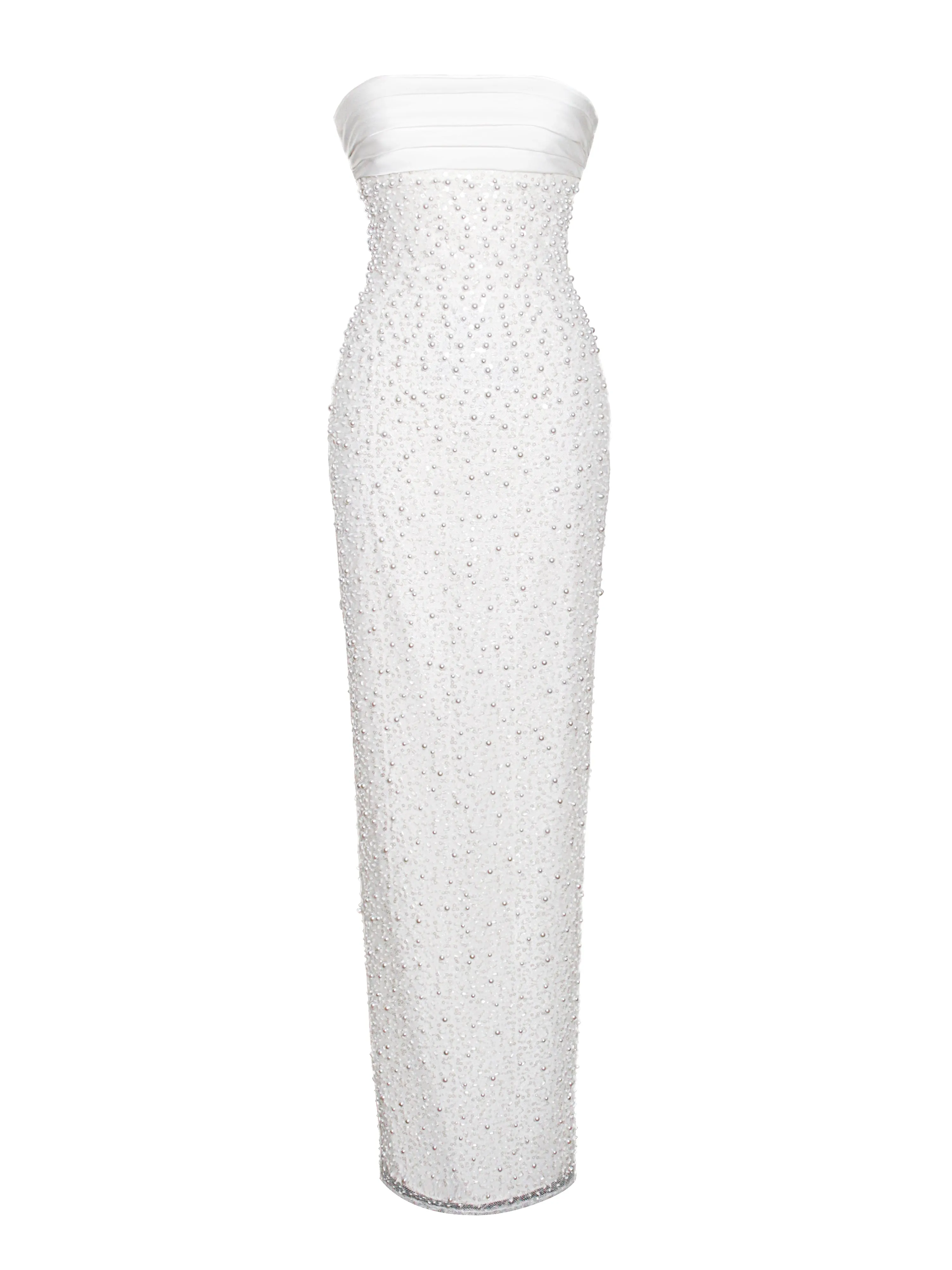 Lainey White Satin Sequin Graceful Pearls Beaded Maxi Dress