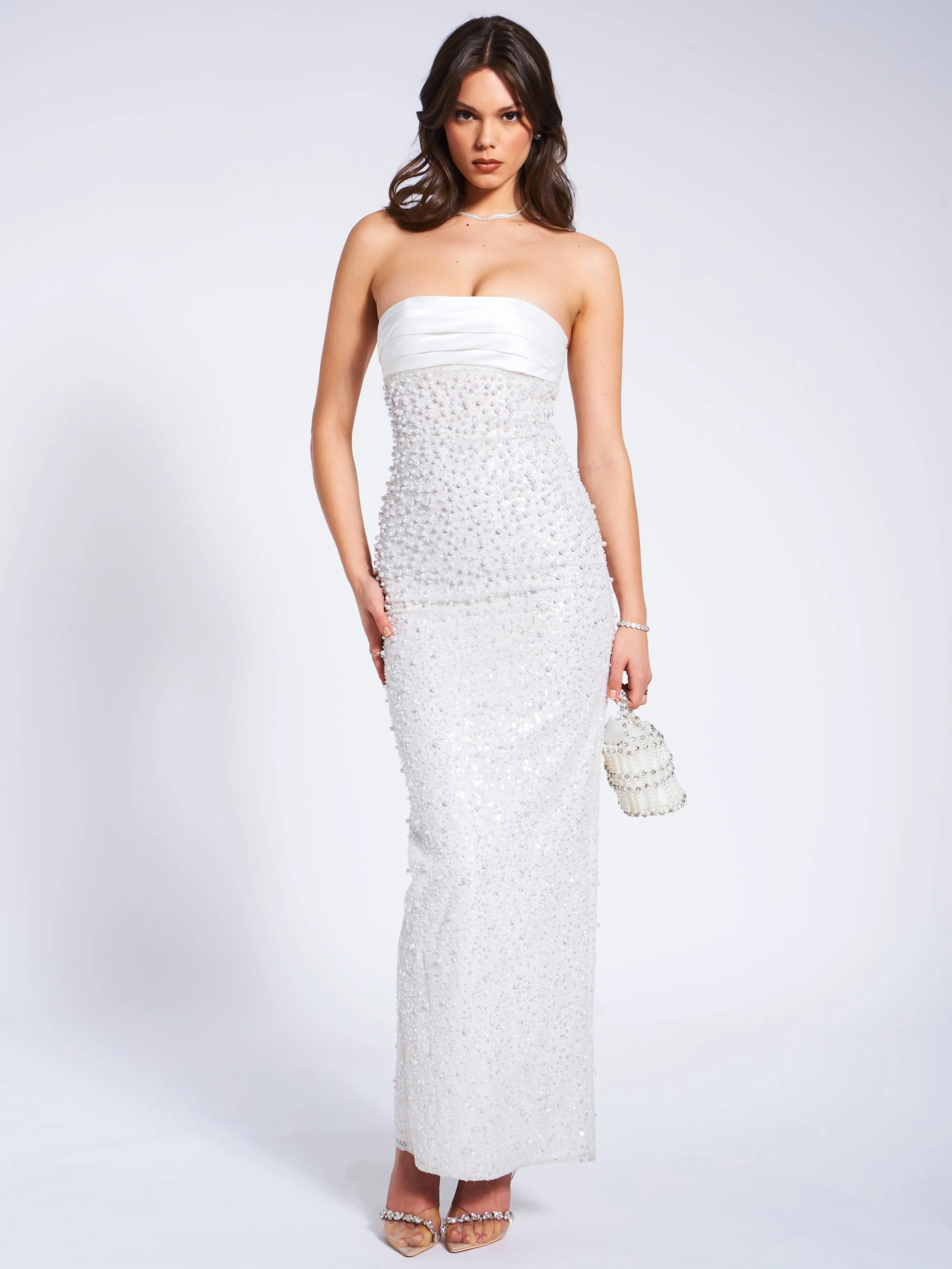 Lainey White Satin Sequin Graceful Pearls Beaded Maxi Dress