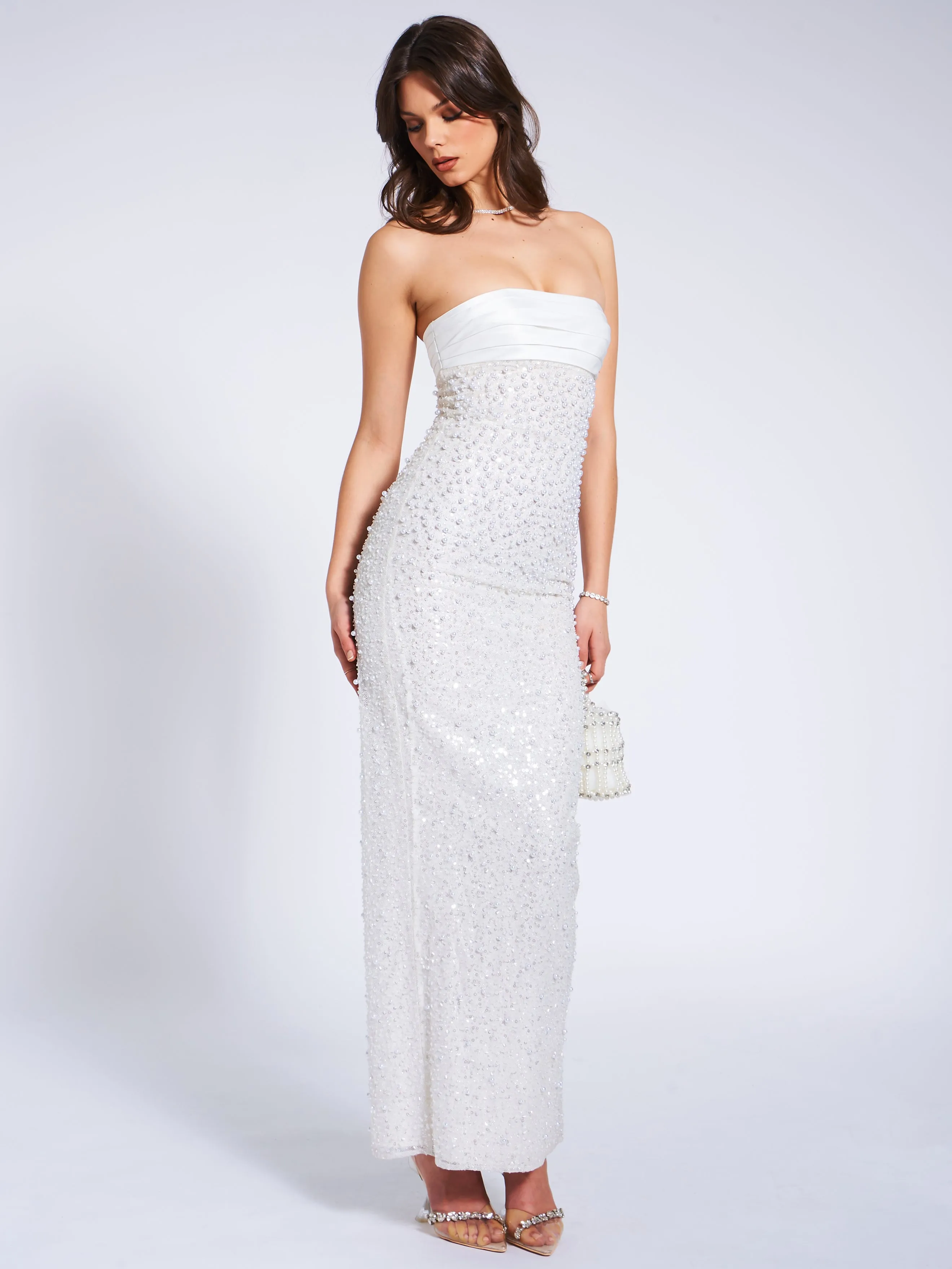 Lainey White Satin Sequin Graceful Pearls Beaded Maxi Dress