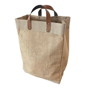 Large Burlap Tote Bags (13" x 8" x 18") - Leather Handles & Inner Pocket  - 100% Natural Jute