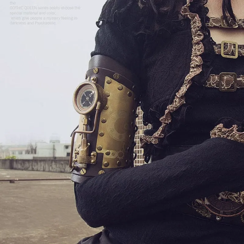 Leather Steampunk Industrial Compass Arm Bracelet with Gears and Pipes