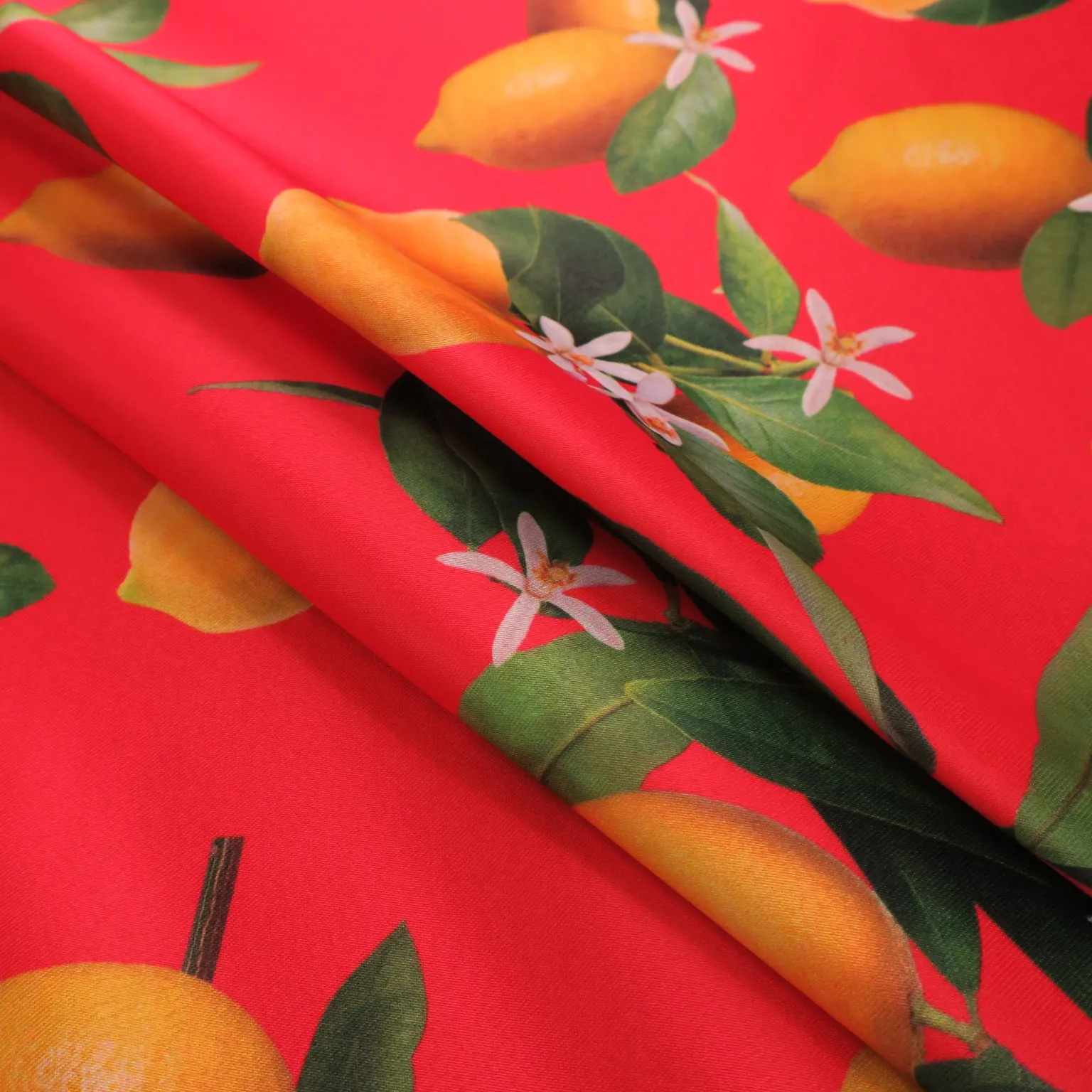 Lemons on Red Printed Polyester Mikado Fabric