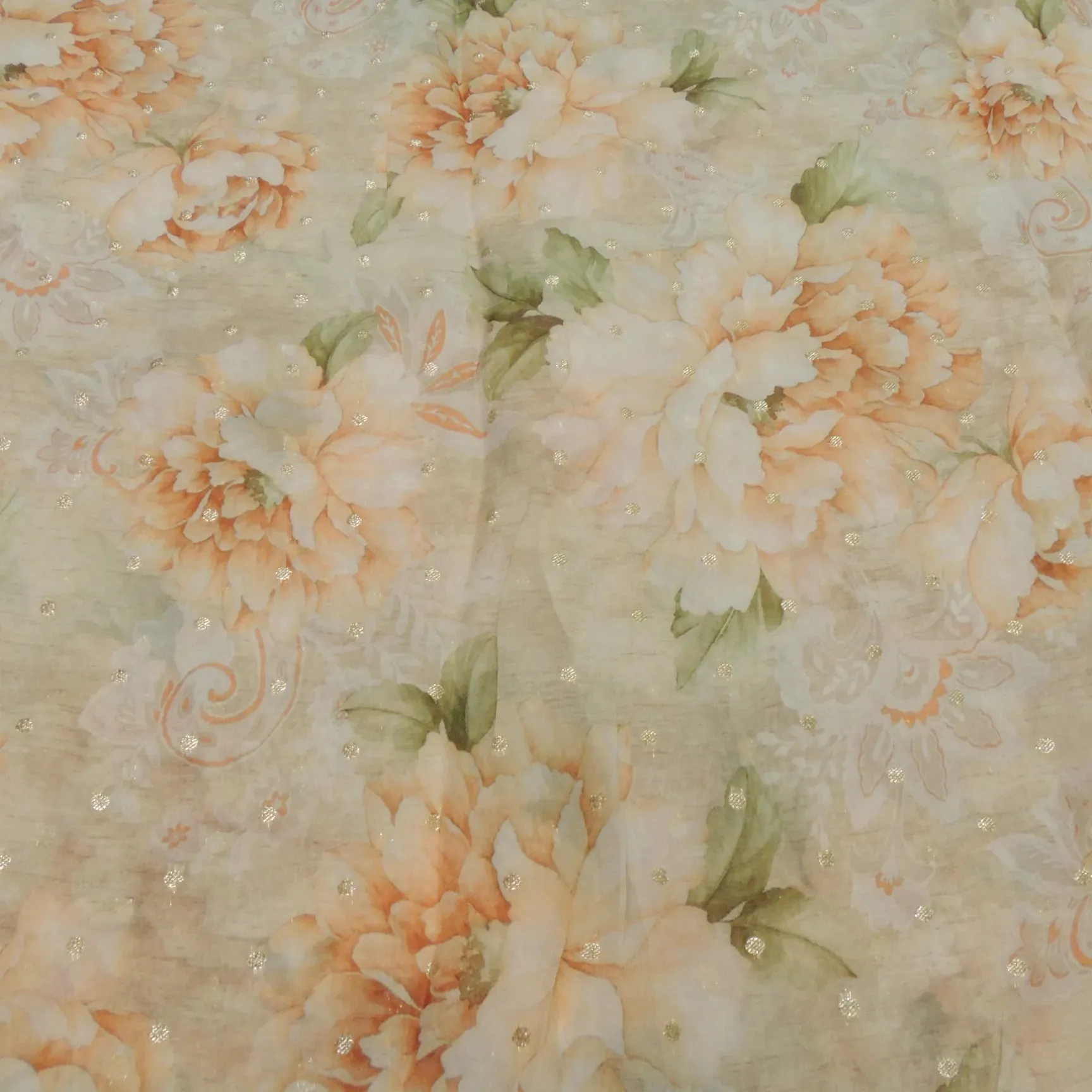 Light Orange Floral Digital Print On Viscose Organza Fabric